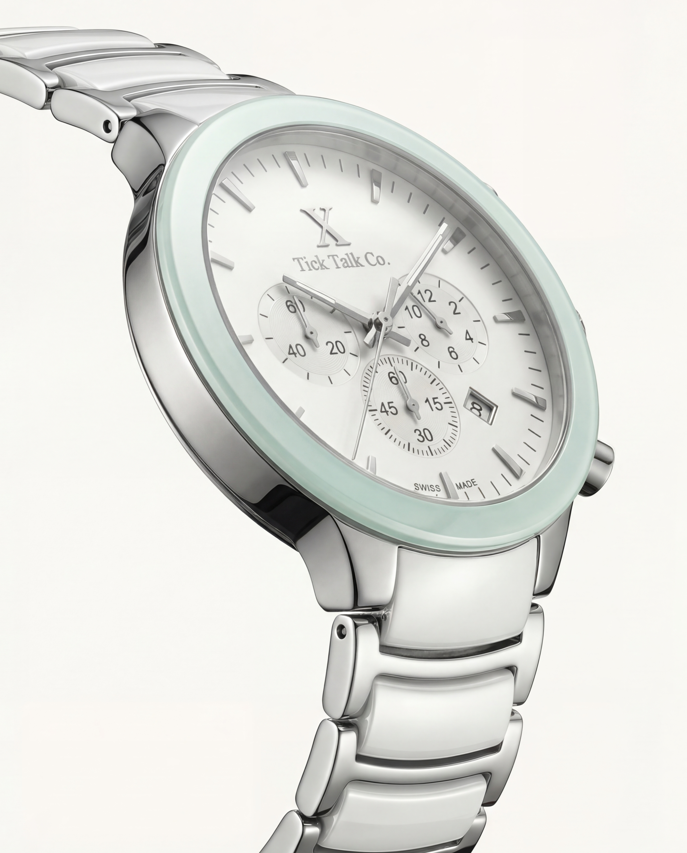 Silver & Mint Chronograph Watch with White Dial and Stainless Steel Bracelet