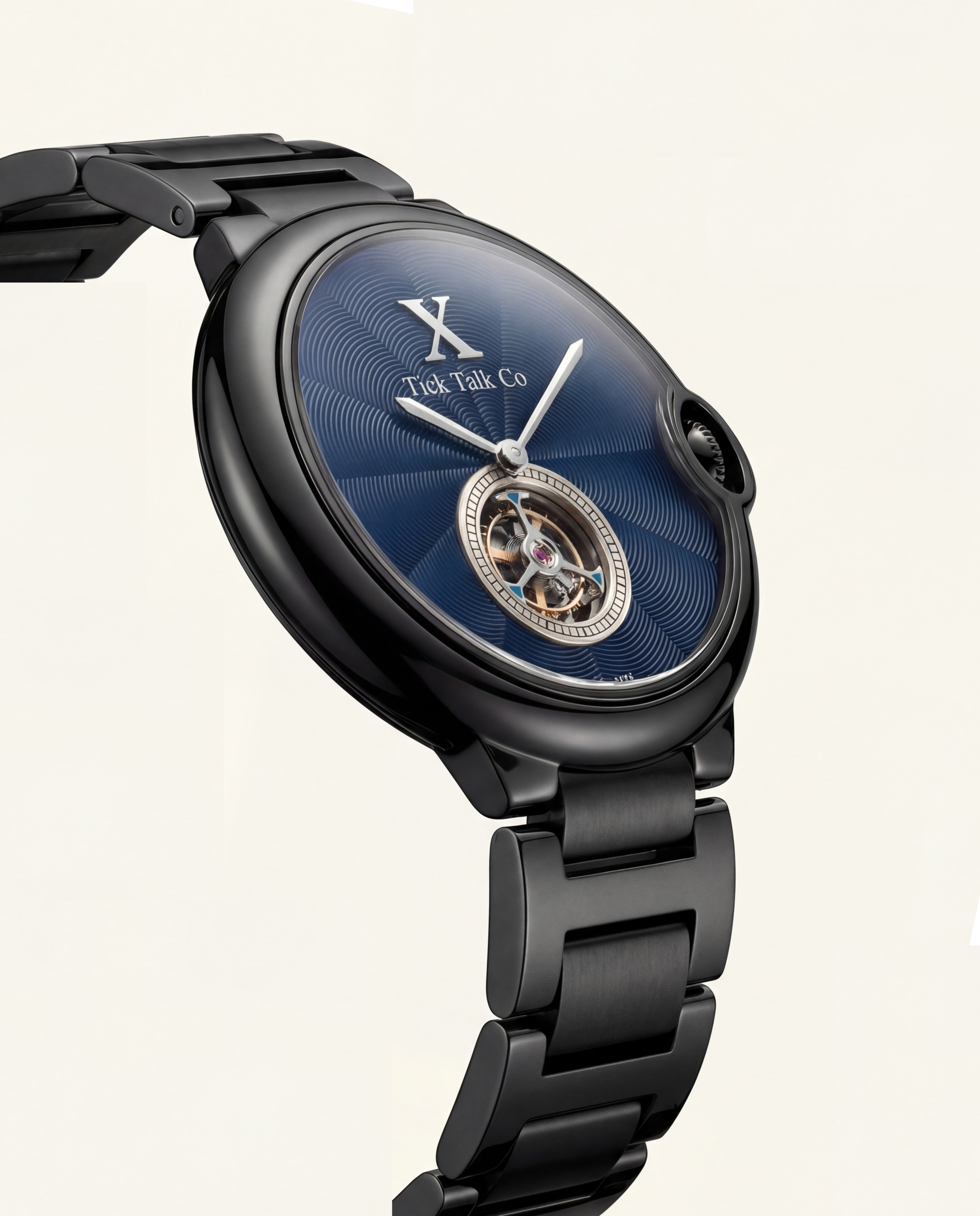 Blue Guilloché Dial Black Stainless Steel Open-Heart Watch