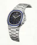Black Dial Silver Watch with Blue Gem Bezel & Stainless Steel Bracelet