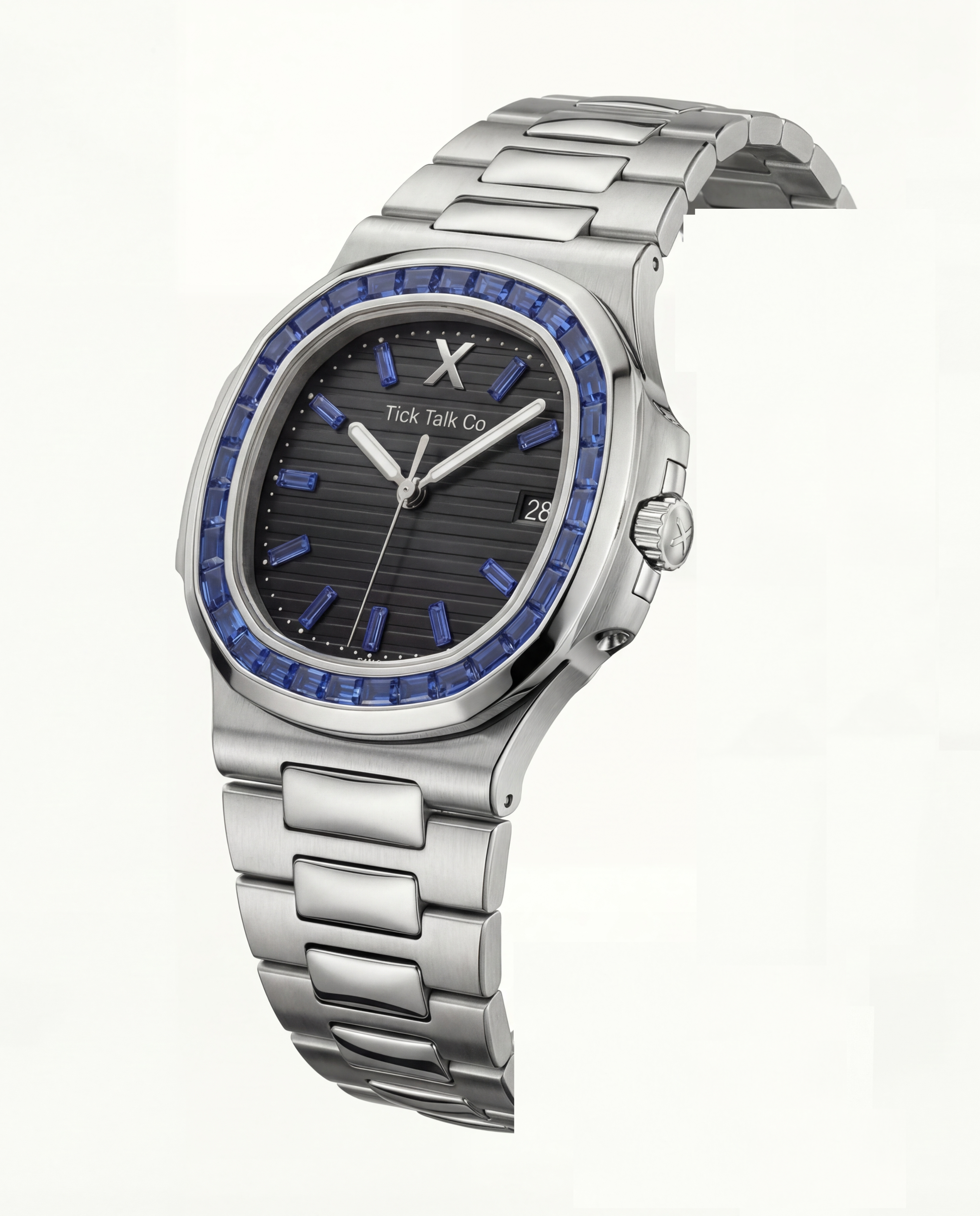 Black Dial Silver Watch with Blue Gem Bezel & Stainless Steel Bracelet