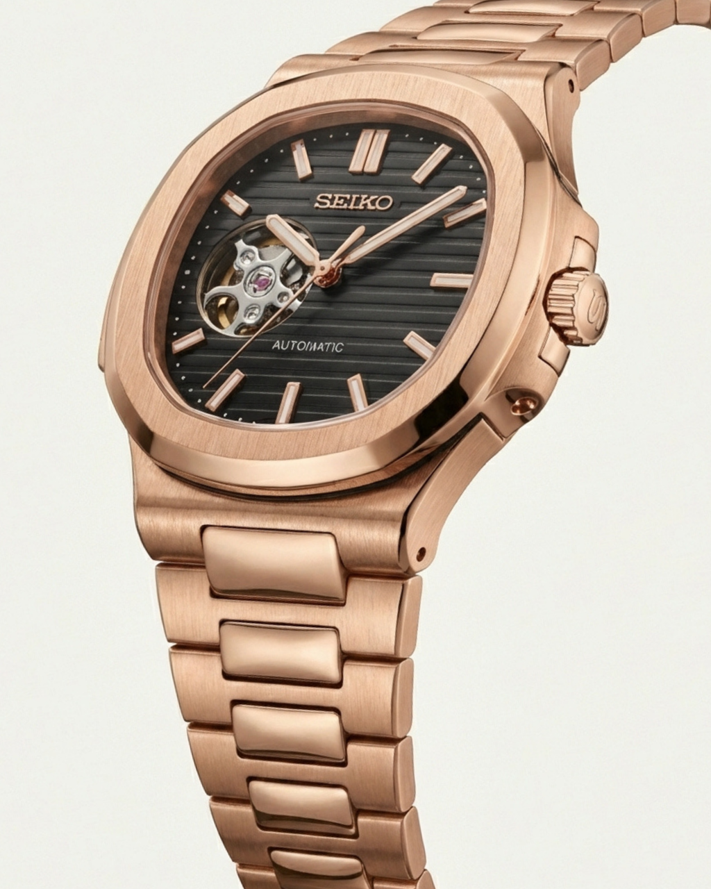 Rose Gold Black Dial Open-Heart Automatic Watch