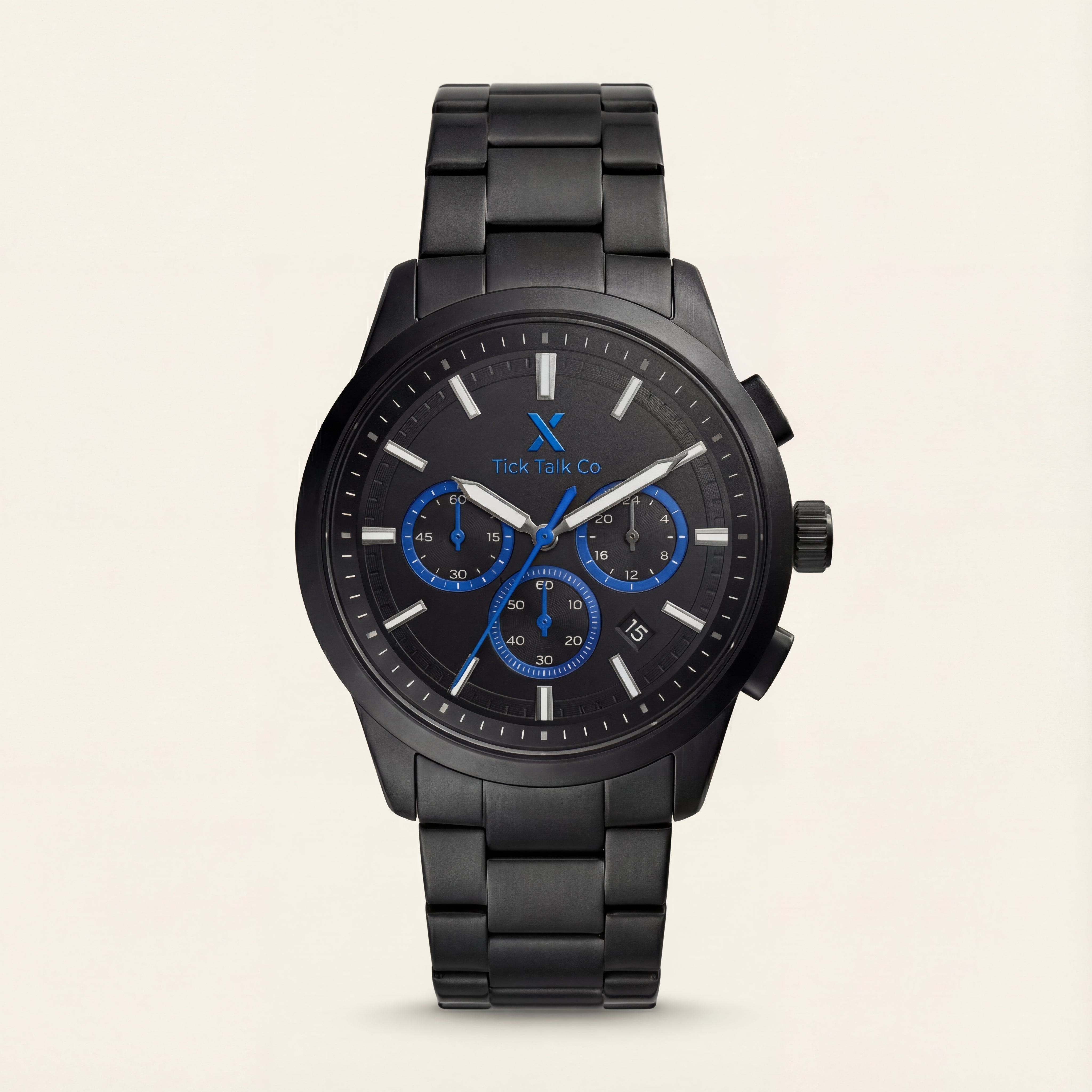 Midnight Black Chronograph Blue Accent Stainless Steel Men’s Watch