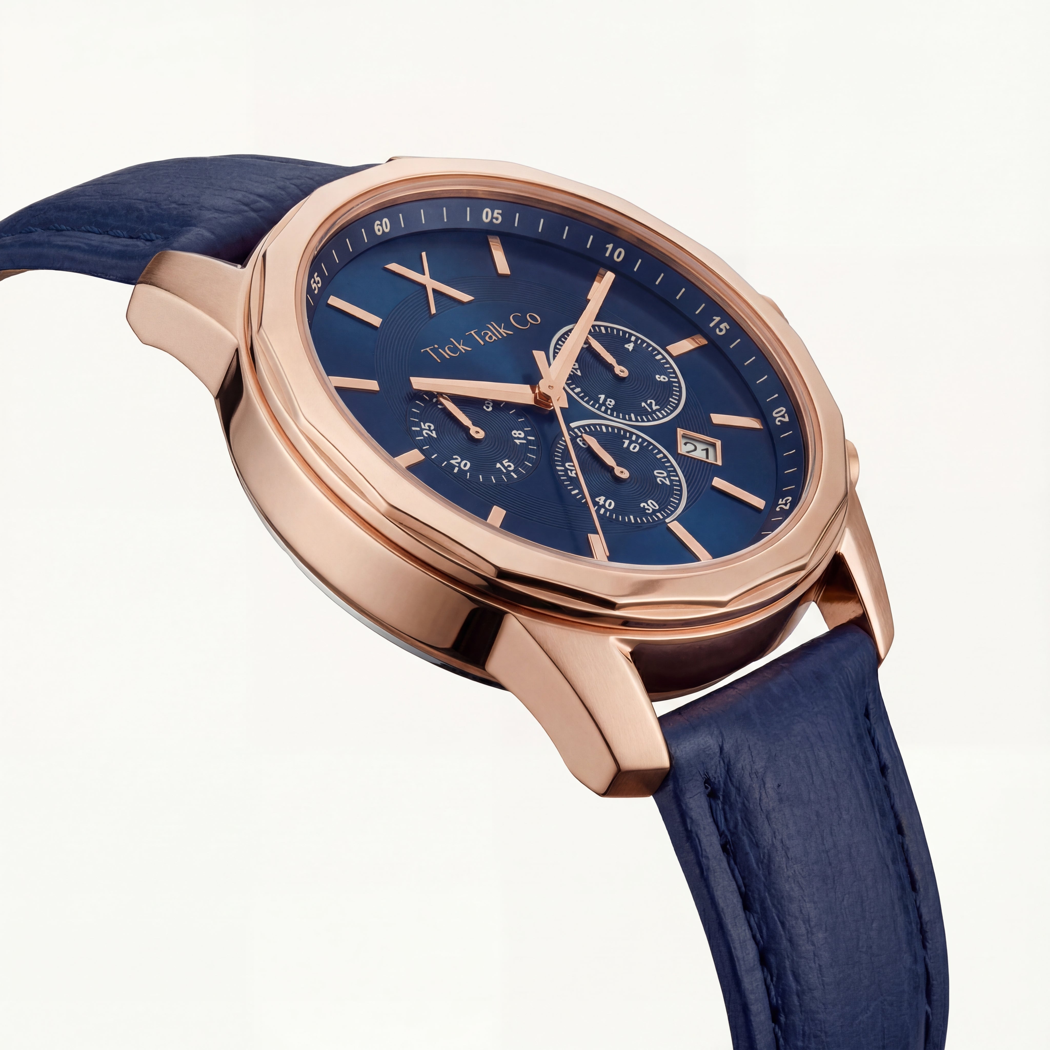 Royal Blue Chronograph Rose Gold Men’s Leather Strap Watch