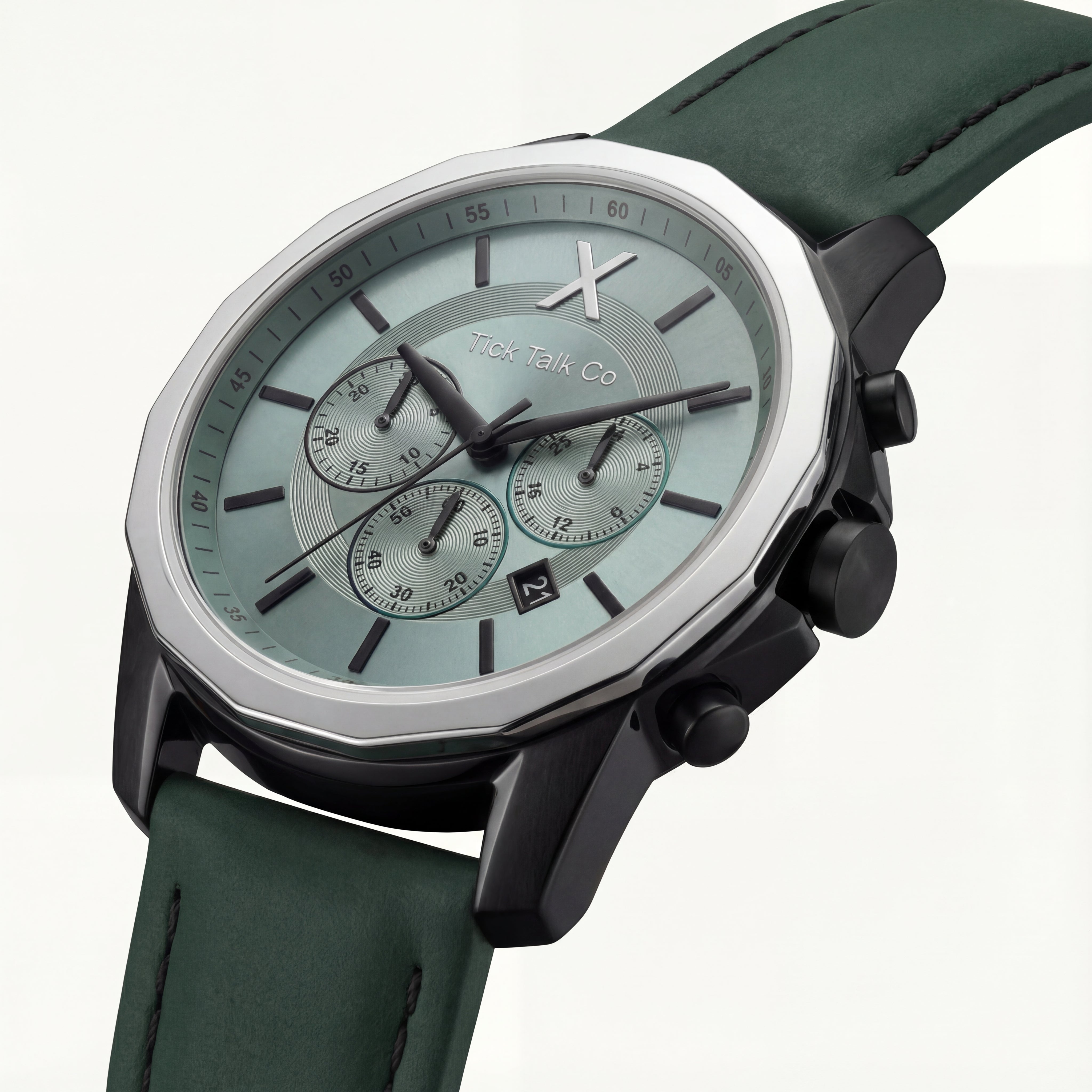 Sage Green Chronograph Black Case Men’s Leather Strap Watch