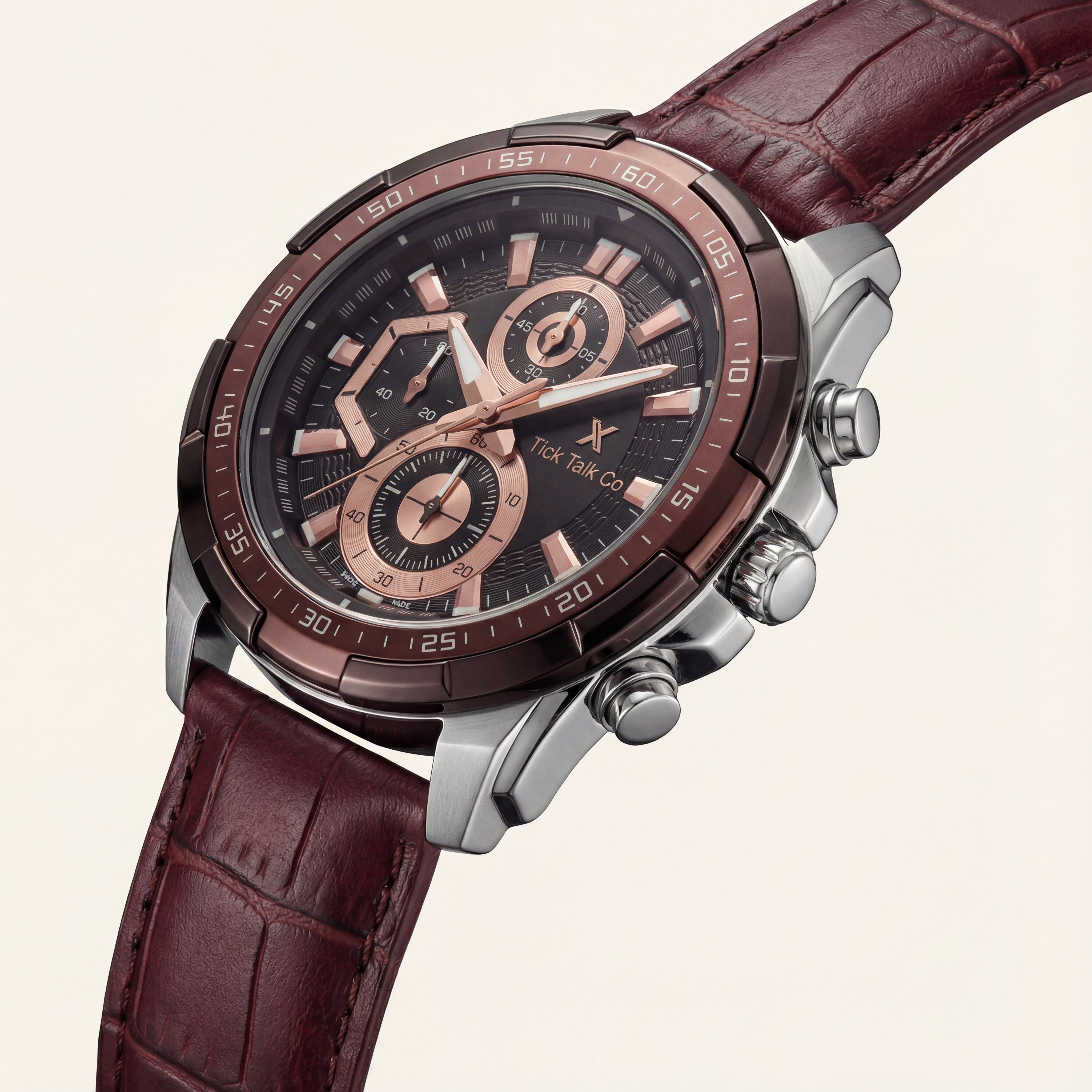 Brown Rose Gold Chronograph Leather Watch