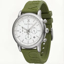Silver Chronograph Watch with White Dial & Olive Green Rubber Strap