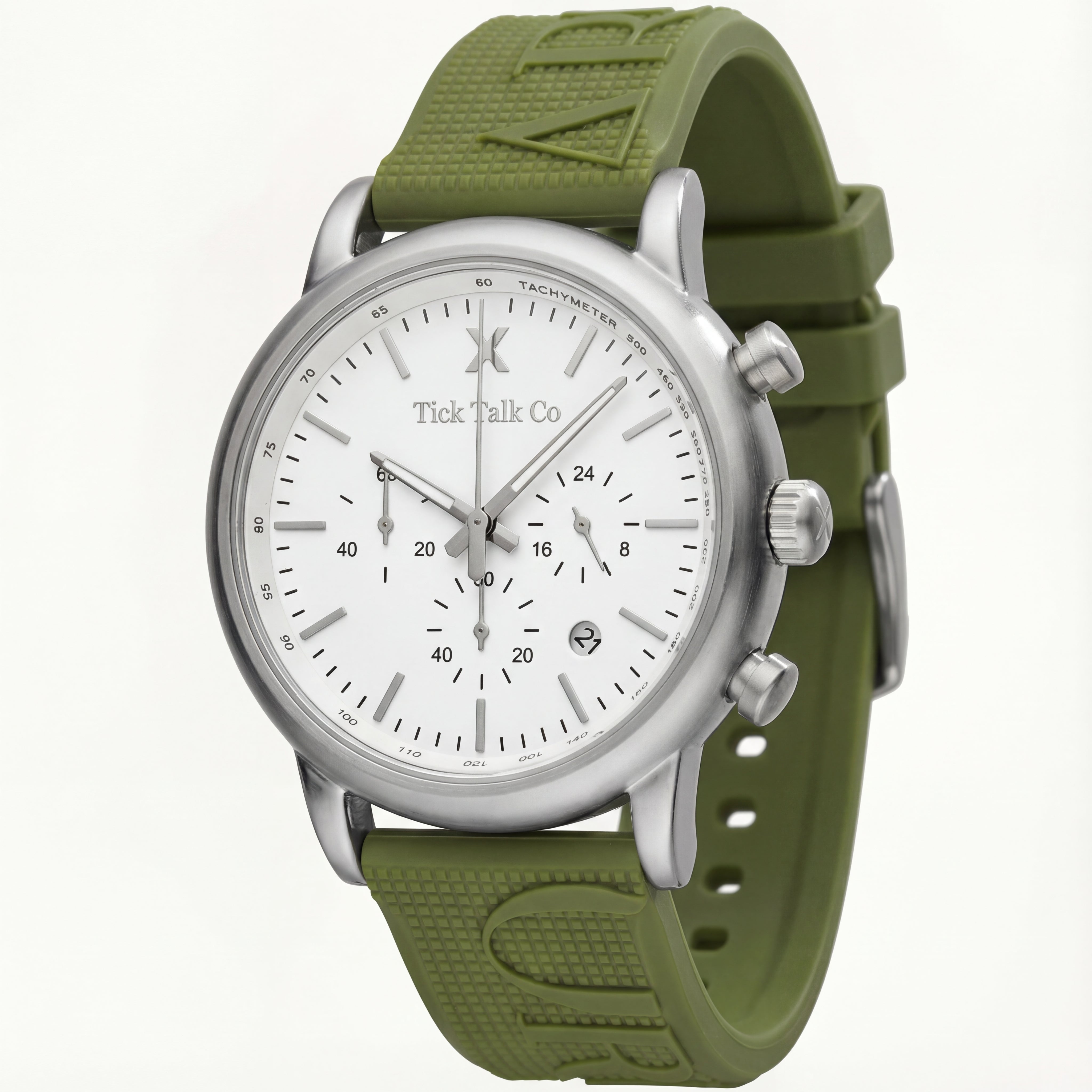 Silver Chronograph Watch with White Dial & Olive Green Rubber Strap