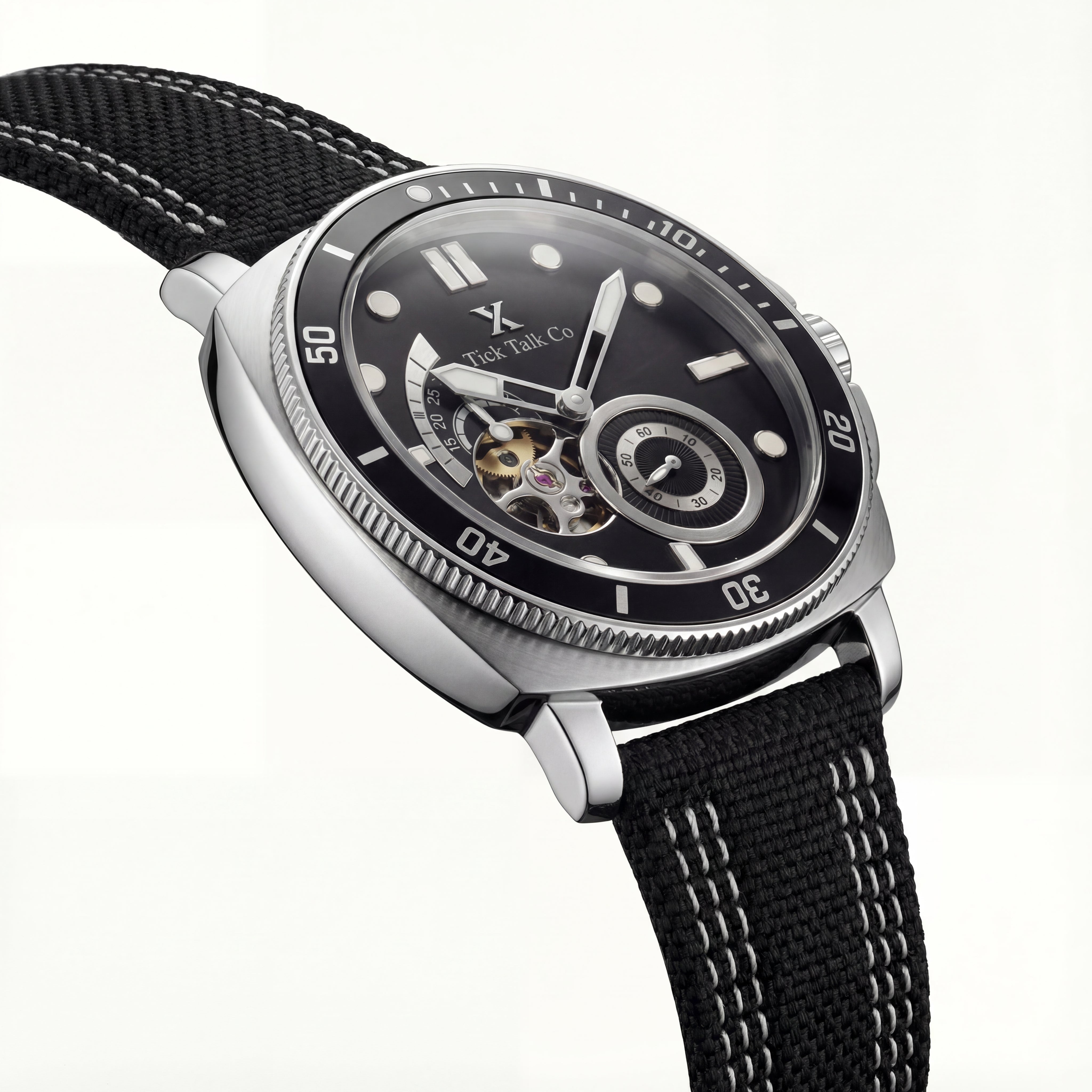 Black Open-Heart Automatic Watch with Black Dial & Fabric Strap
