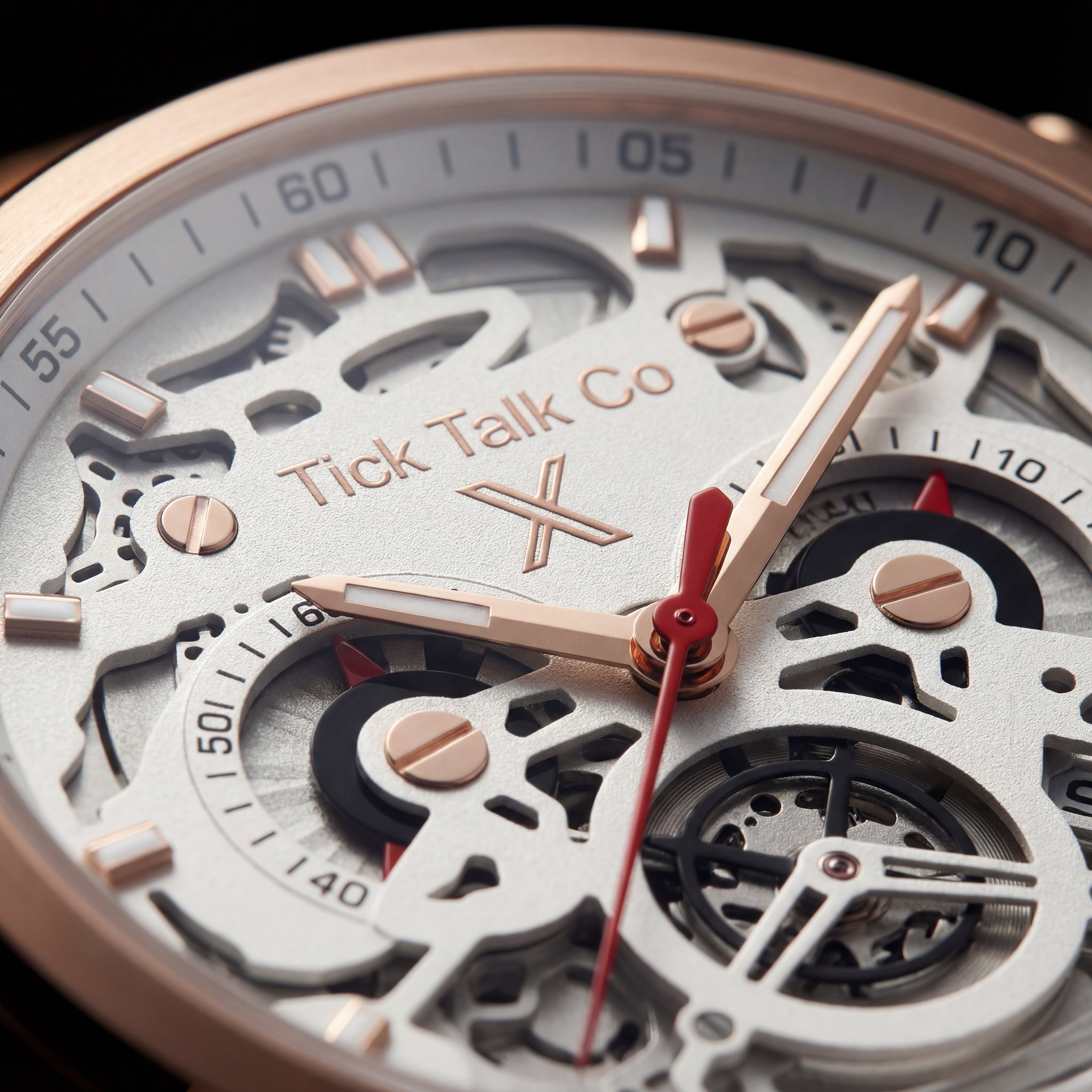 ose Gold Skeleton Chronograph Watch with White Open-Work Dial and Brown Leather Strap