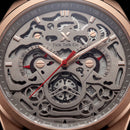 Rose Gold Skeleton Chronograph Watch with Grey Open-Work Dial and Grey Leather Strap