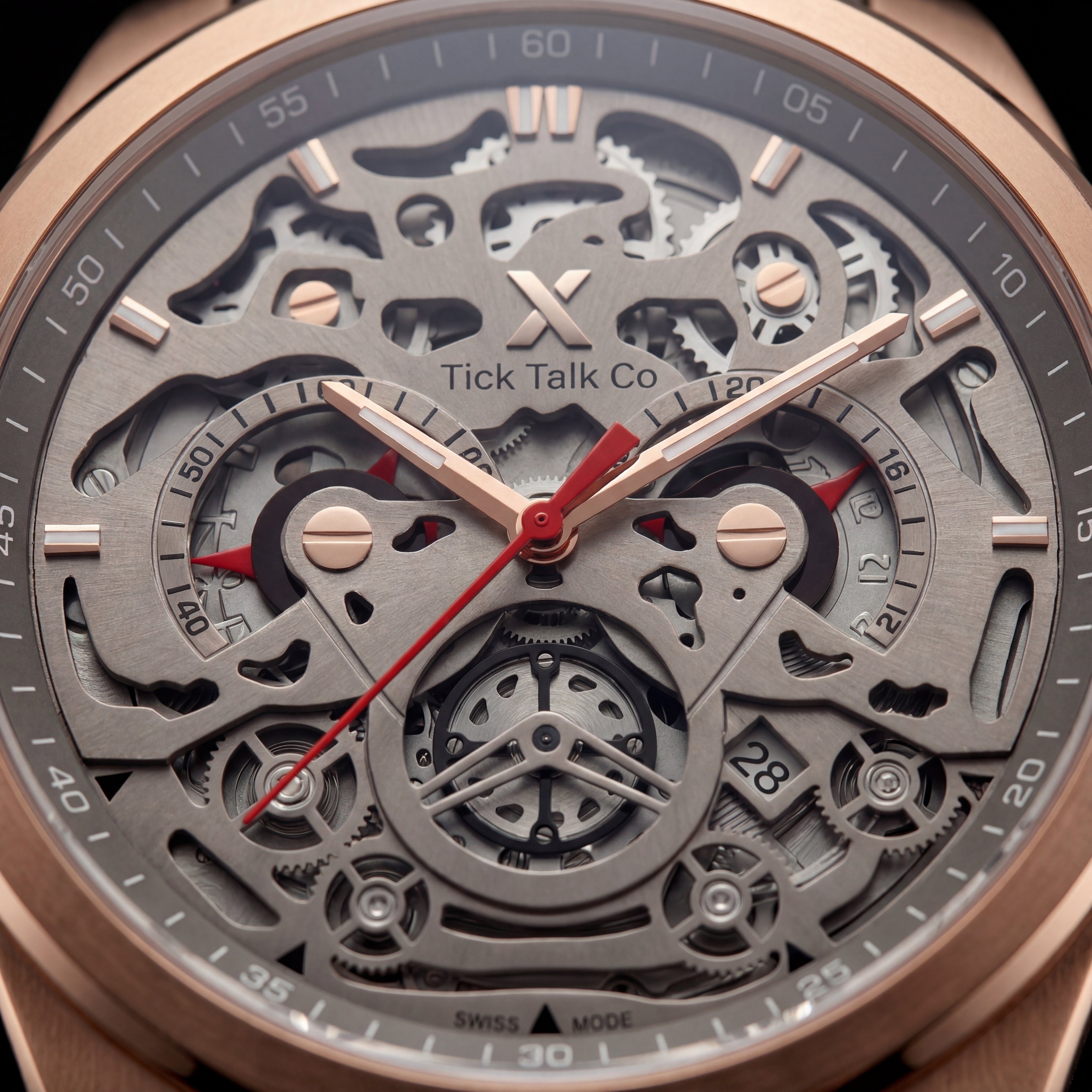 Rose Gold Skeleton Chronograph Watch with Grey Open-Work Dial and Grey Leather Strap