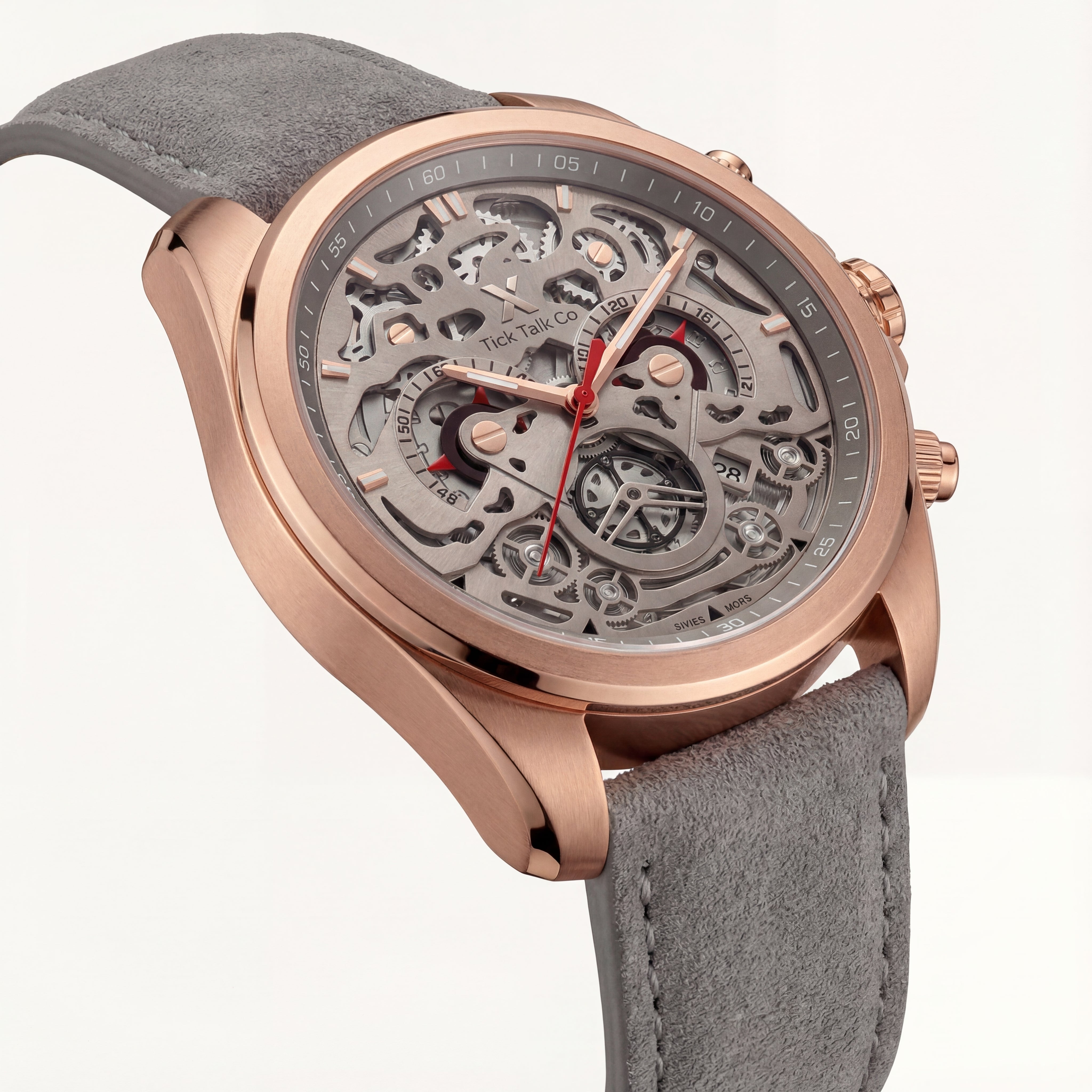 Rose Gold Skeleton Chronograph Watch with Grey Open-Work Dial and Grey Leather Strap