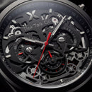 Matte Black Skeleton Chronograph Watch with Black Open-Work Dial and Black Leather Strap