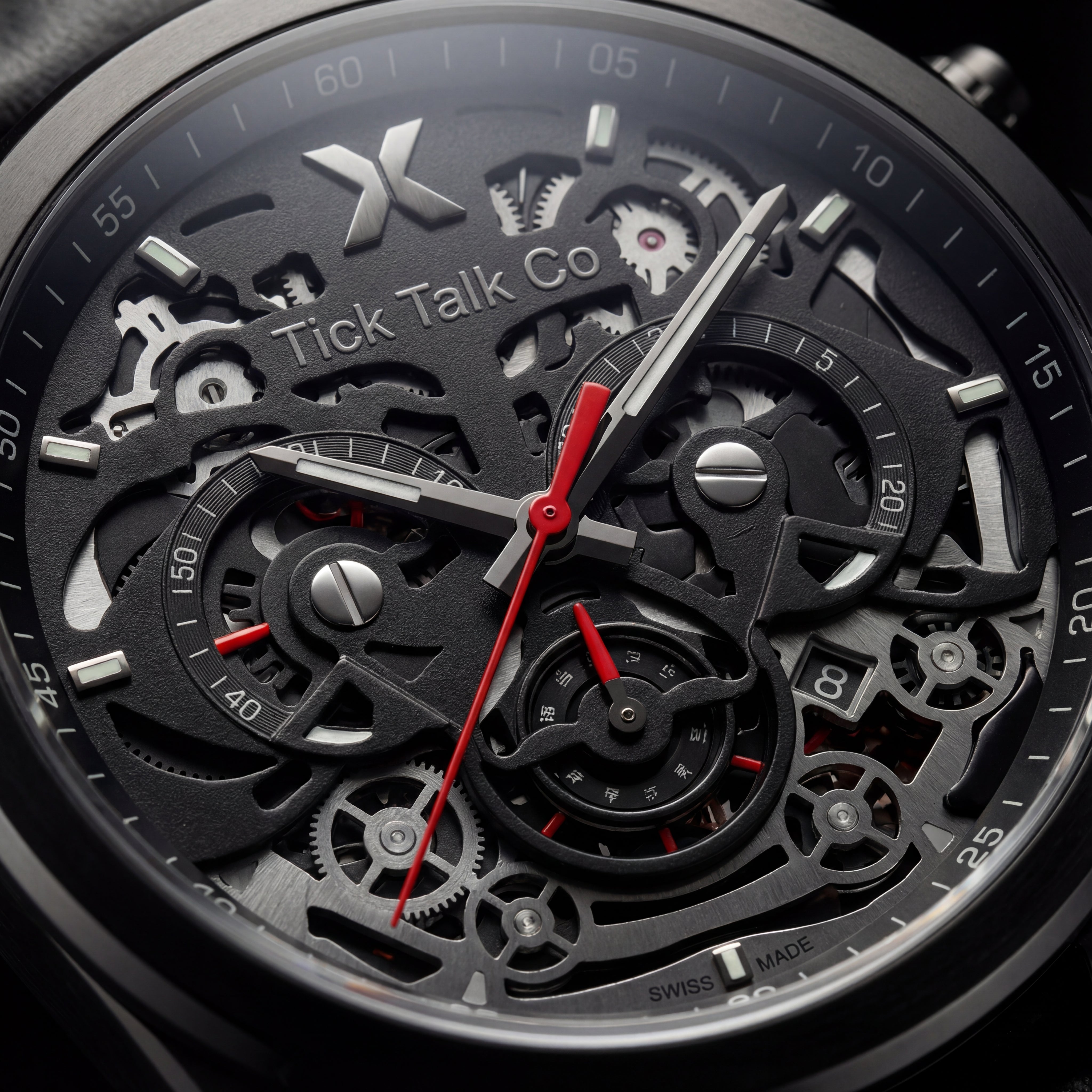 Matte Black Skeleton Chronograph Watch with Black Open-Work Dial and Black Leather Strap