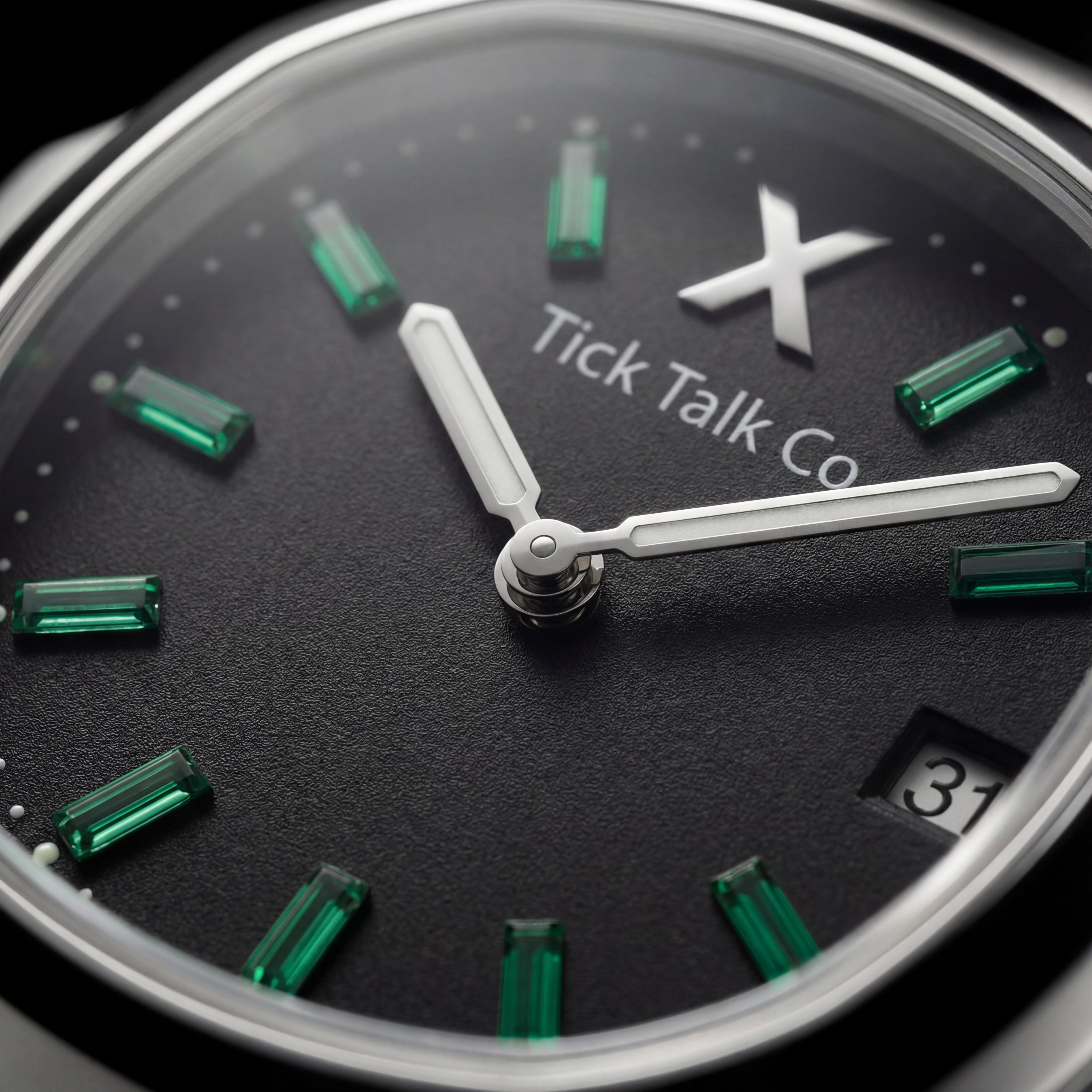 Black Dial Watch with Green Gem-Style Bezel & Stainless Steel Bracelet