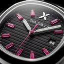 Black Dial Silver Watch with Pink Gem Bezel & Stainless Steel Bracelet