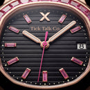 Black Dial Rose Gold Watch with Pink Gem Bezel & Stainless Steel Bracelet