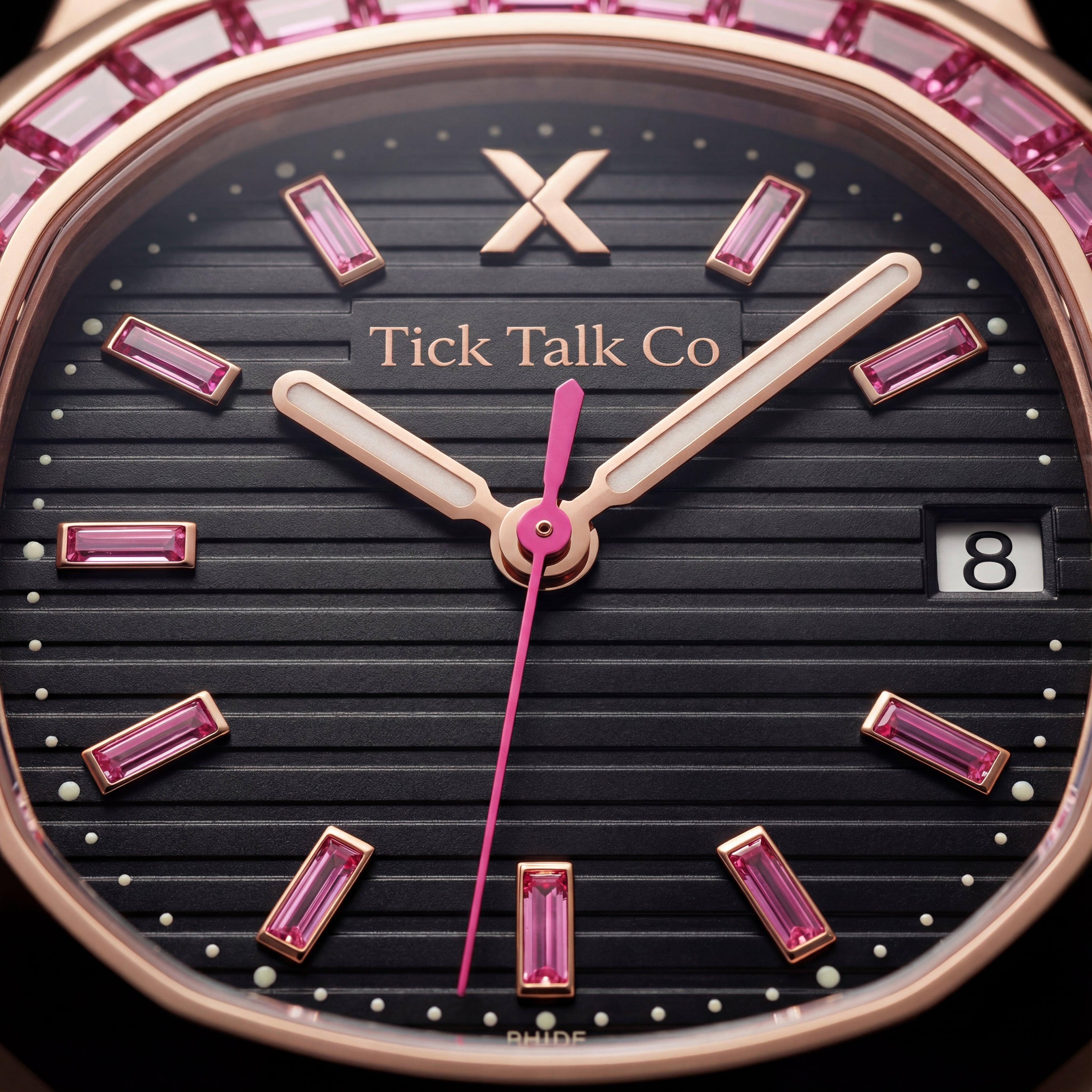 Black Dial Rose Gold Watch with Pink Gem Bezel & Stainless Steel Bracelet