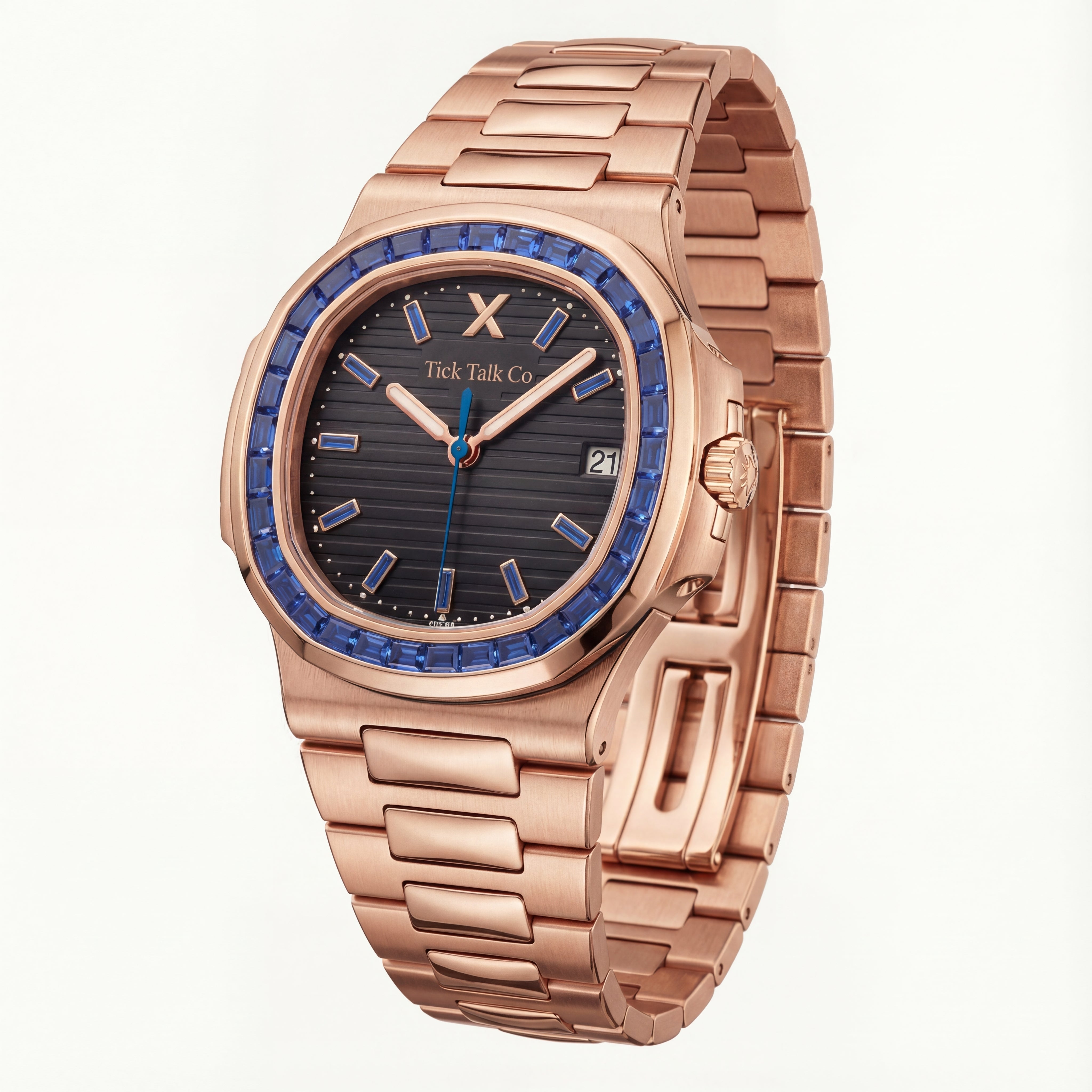 Black Dial Rose Gold Watch with Blue Gem Bezel & Stainless Steel Bracelet