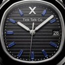 Black Dial Silver Watch with Blue Gem Bezel & Stainless Steel Bracelet