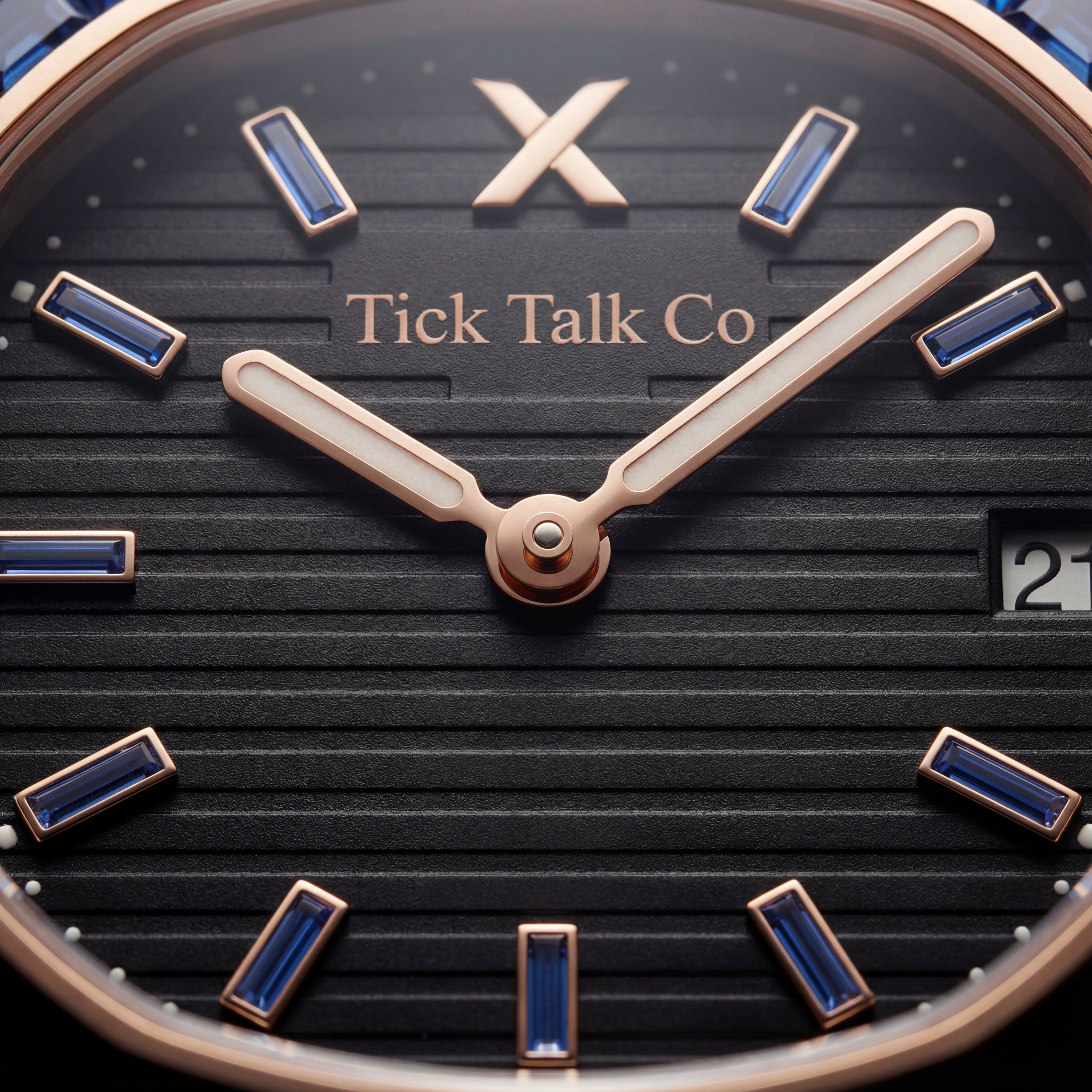 Black Dial Rose Gold Watch with Blue Gem Bezel & Stainless Steel Bracelet