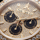 Gold Chronograph Diamond Bezel Luxury Watch with Black Strap