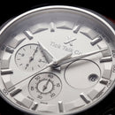 Silver Chronograph Tachymeter Watch with Brown Leather Strap