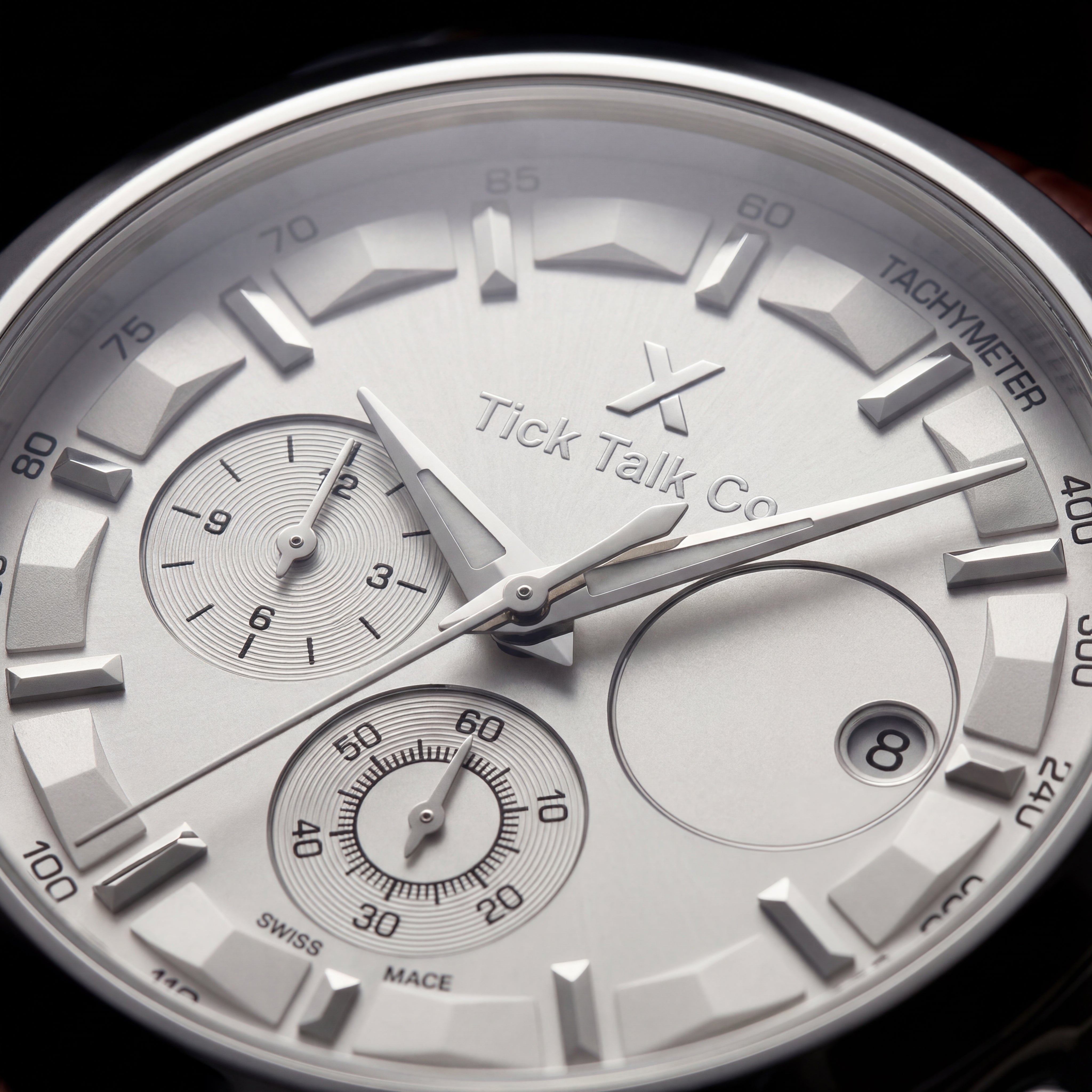 Silver Chronograph Tachymeter Watch with Brown Leather Strap