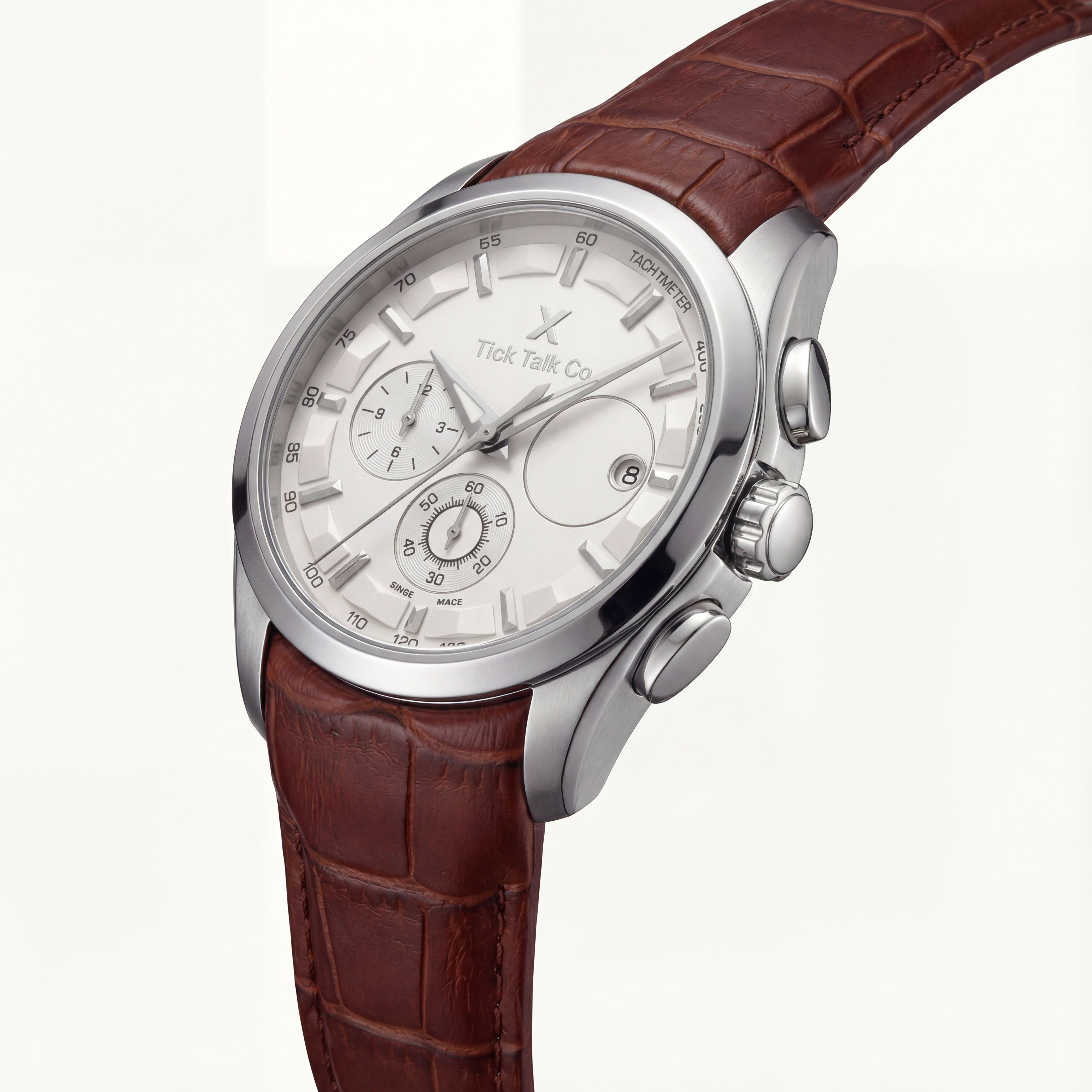 Silver Chronograph Tachymeter Watch with Brown Leather Strap
