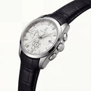 Silver Chronograph Tachymeter Watch with Black Leather Strap