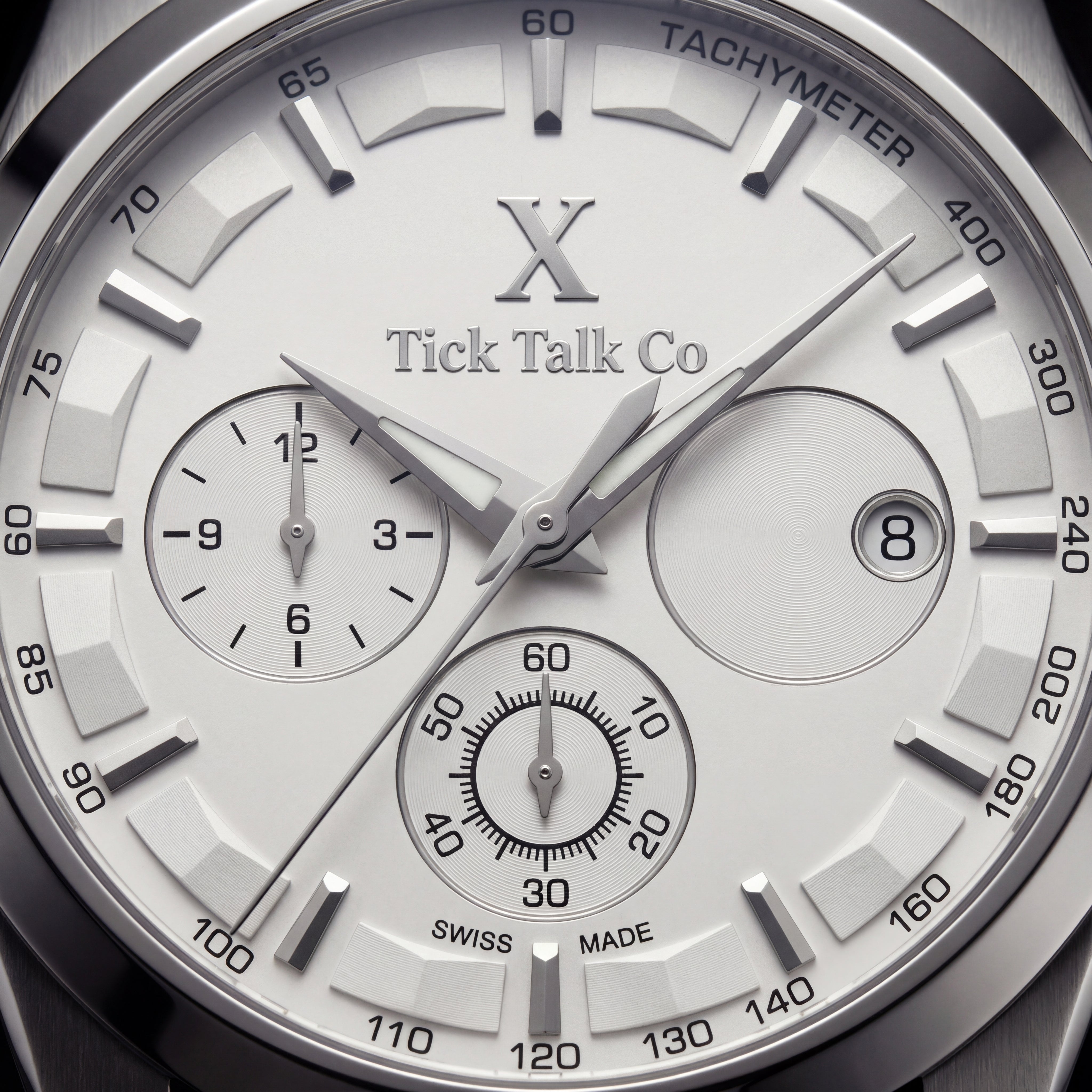 Silver Chronograph Tachymeter Watch with Black Leather Strap