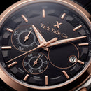 Rose Gold & Silver Chronograph Tachymeter Watch with Black Leather Strap