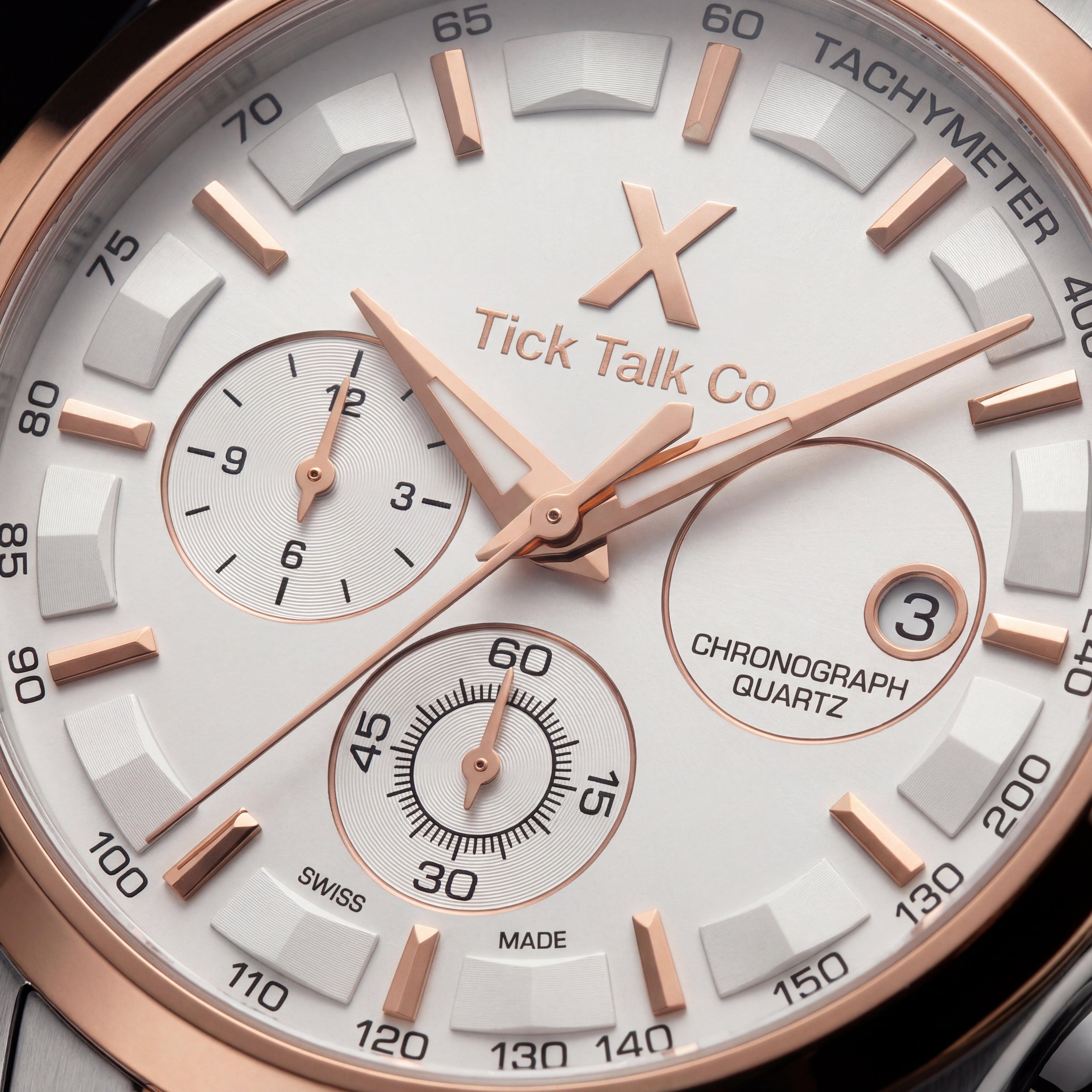 Two-Tone Silver & Rose Gold Chronograph Tachymeter Watch with Metal Bracelet