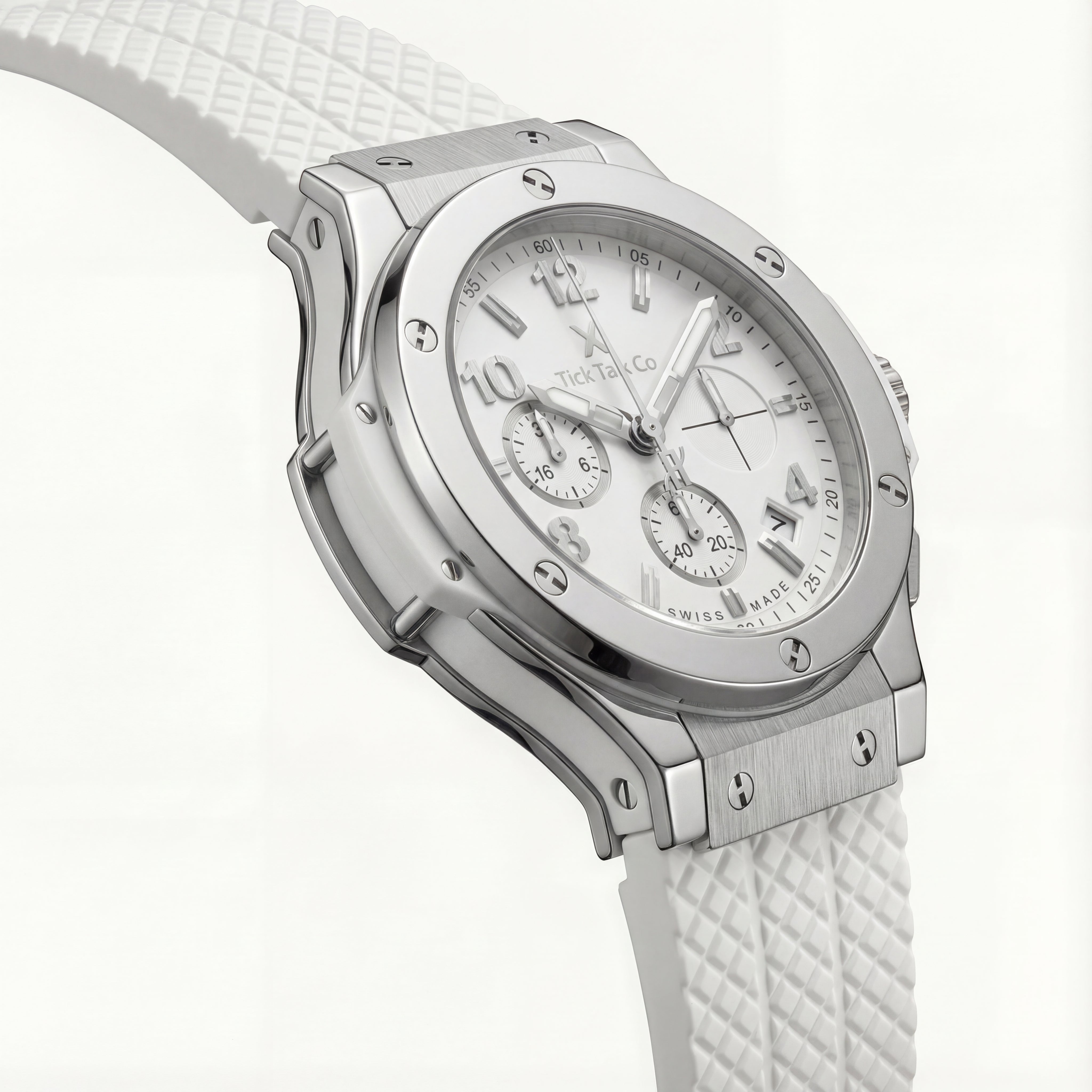 Silver White Dial Chronograph Quartz Watch with White Textured Silicone Strap