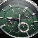 Silver Green Dial Chronograph Quartz Watch with Textured Bezel & Stainless Steel Bracelet
