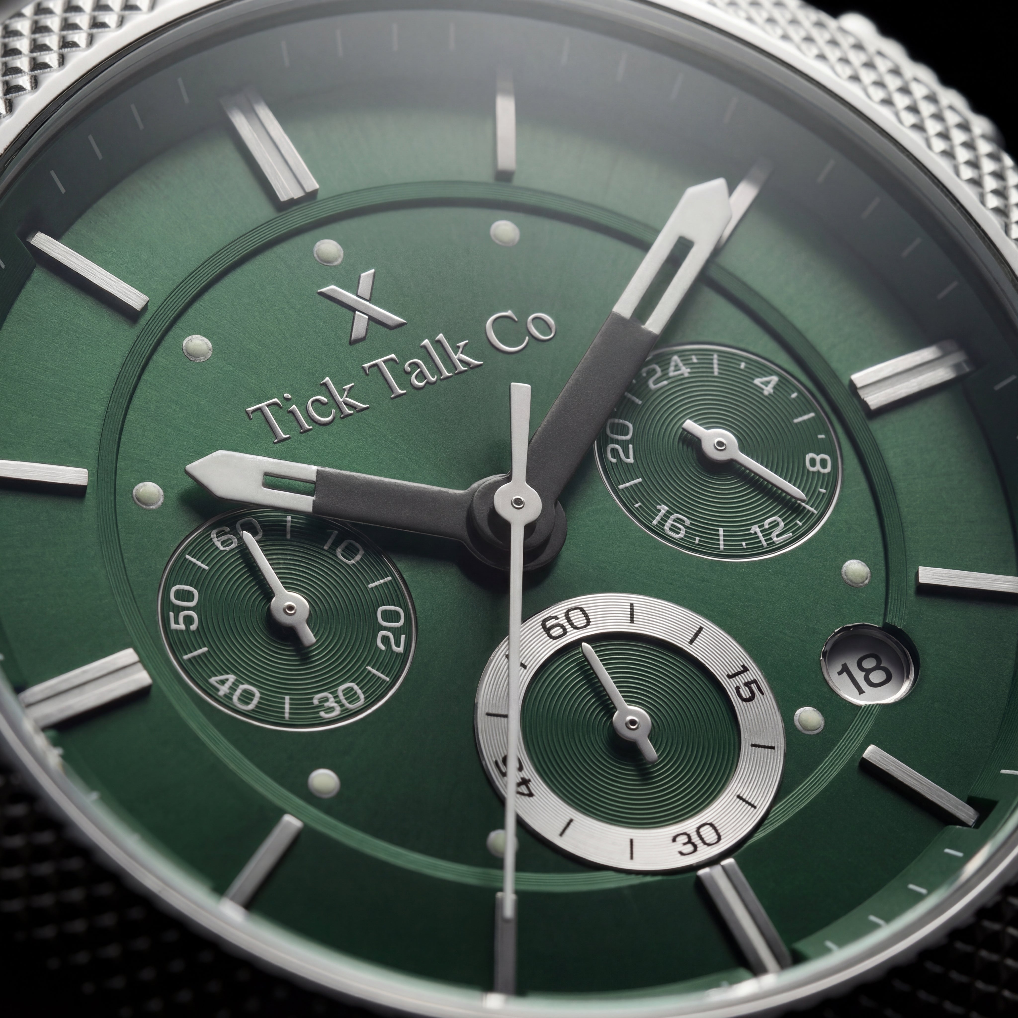 Silver Green Dial Chronograph Quartz Watch with Textured Bezel & Stainless Steel Bracelet
