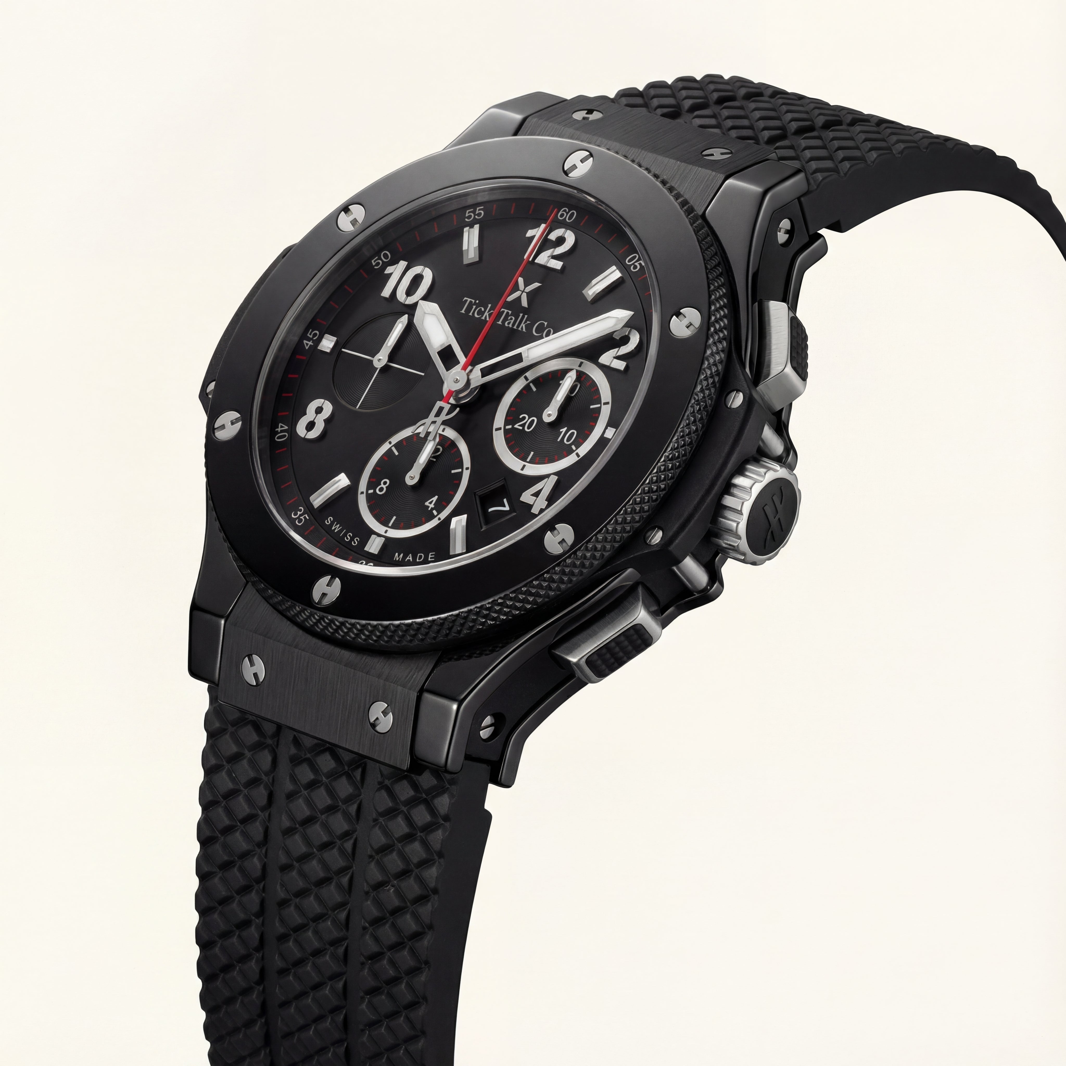 Men’s Black Chronograph Quartz Watch with Black Dial & Textured Silicone Strap