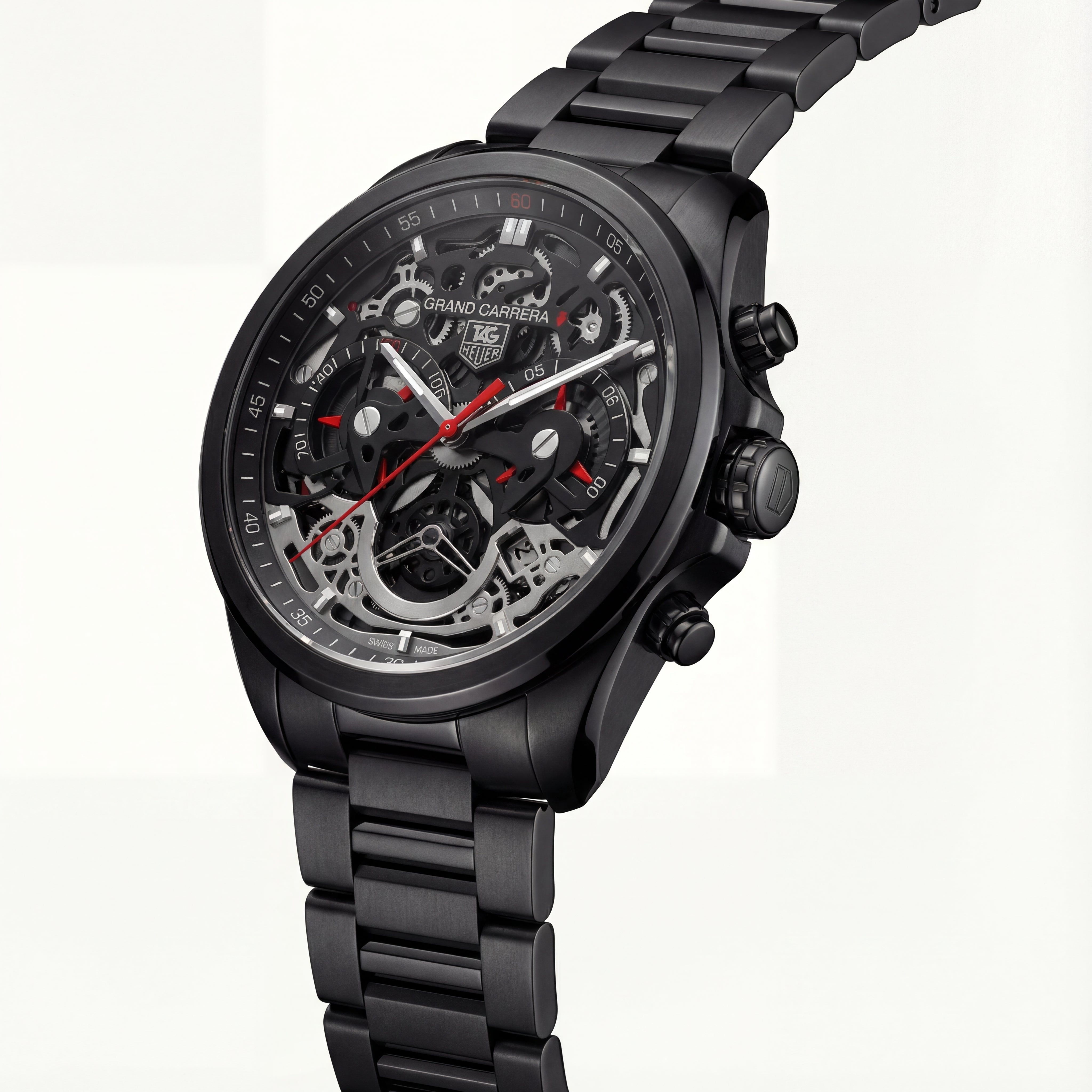 Matte Black Skeleton Chronograph Men’s Watch with Red Accents