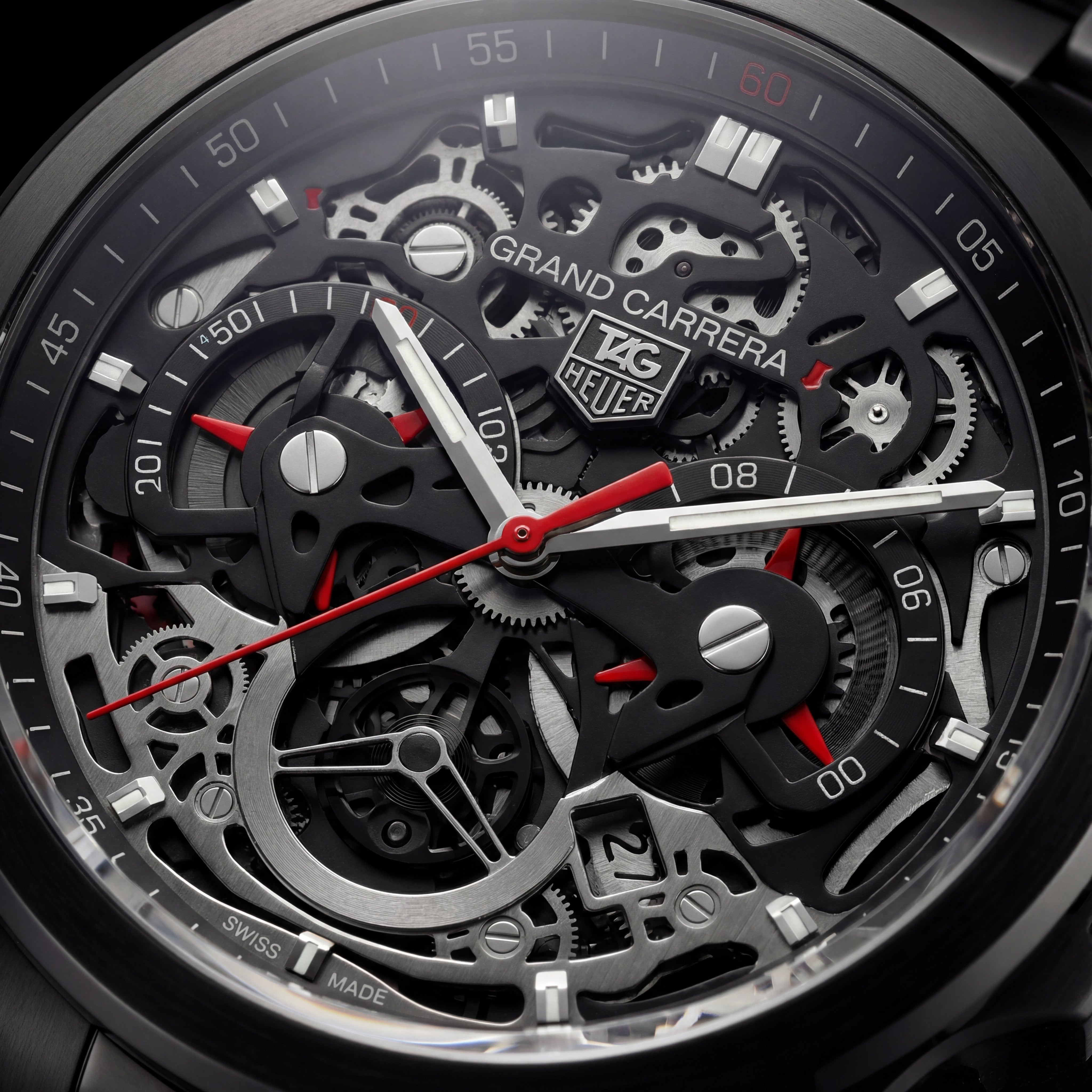 Matte Black Skeleton Chronograph Men’s Watch with Red Accents
