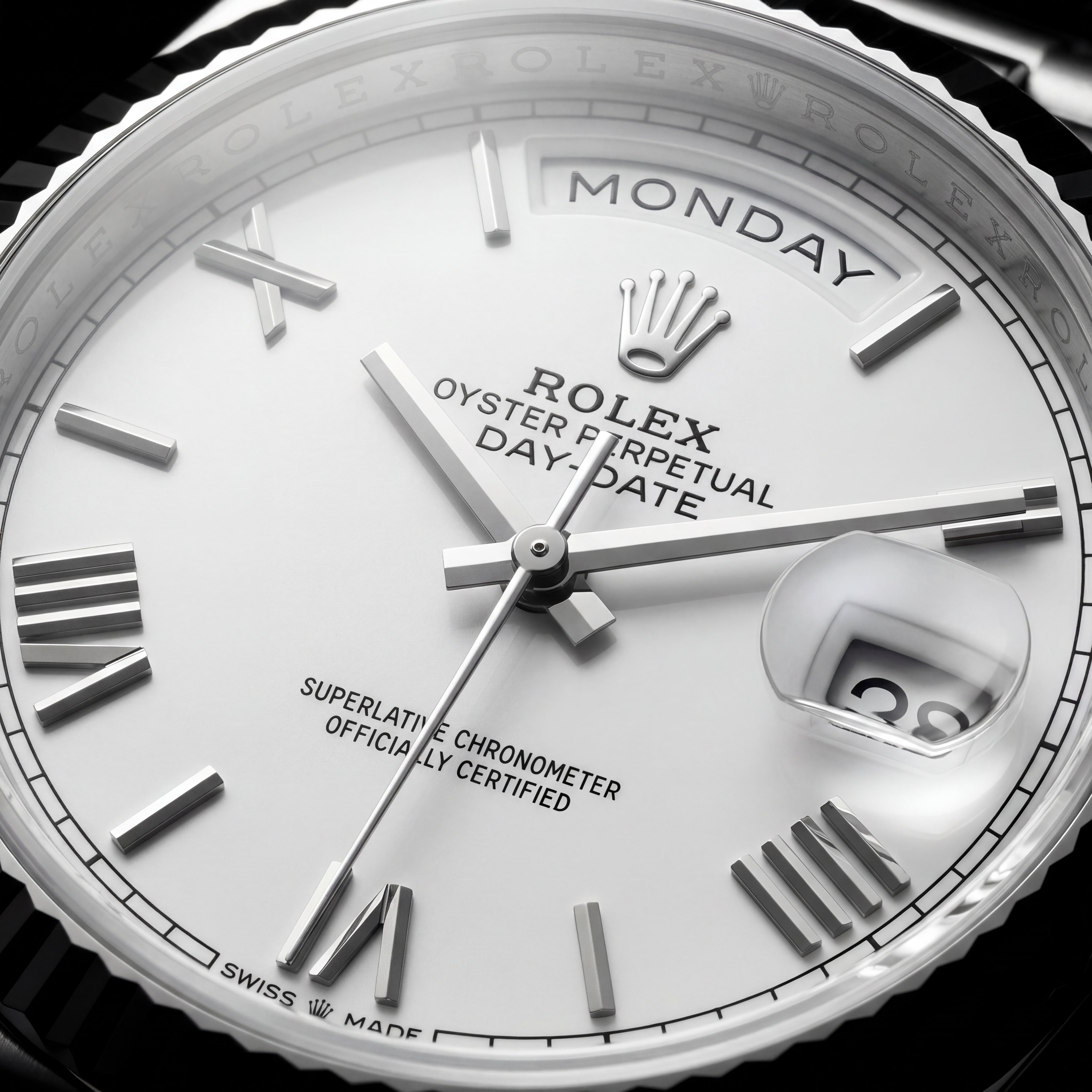 Classic White Dial Fluted Steel Day-Date Automatic Watch