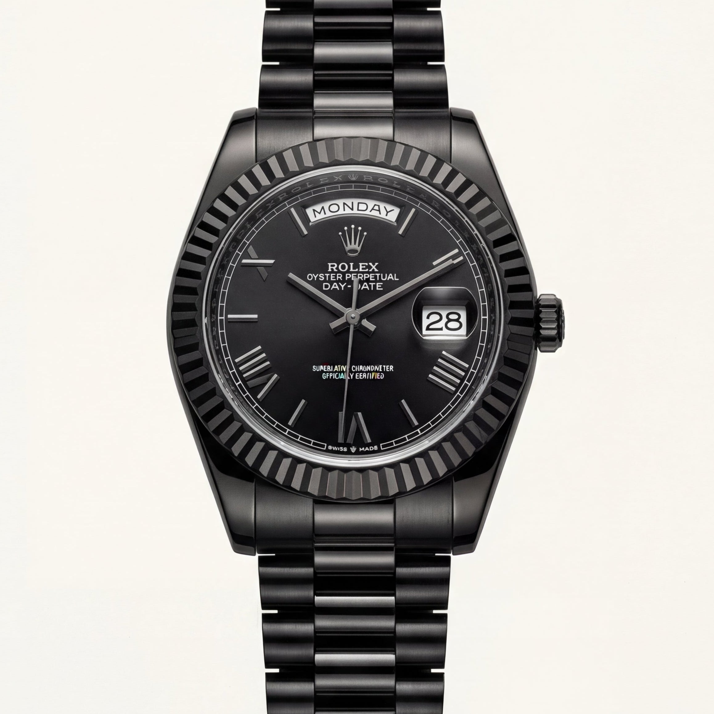 Midnight Black Fluted Bezel Day-Date Automatic Steel Watch