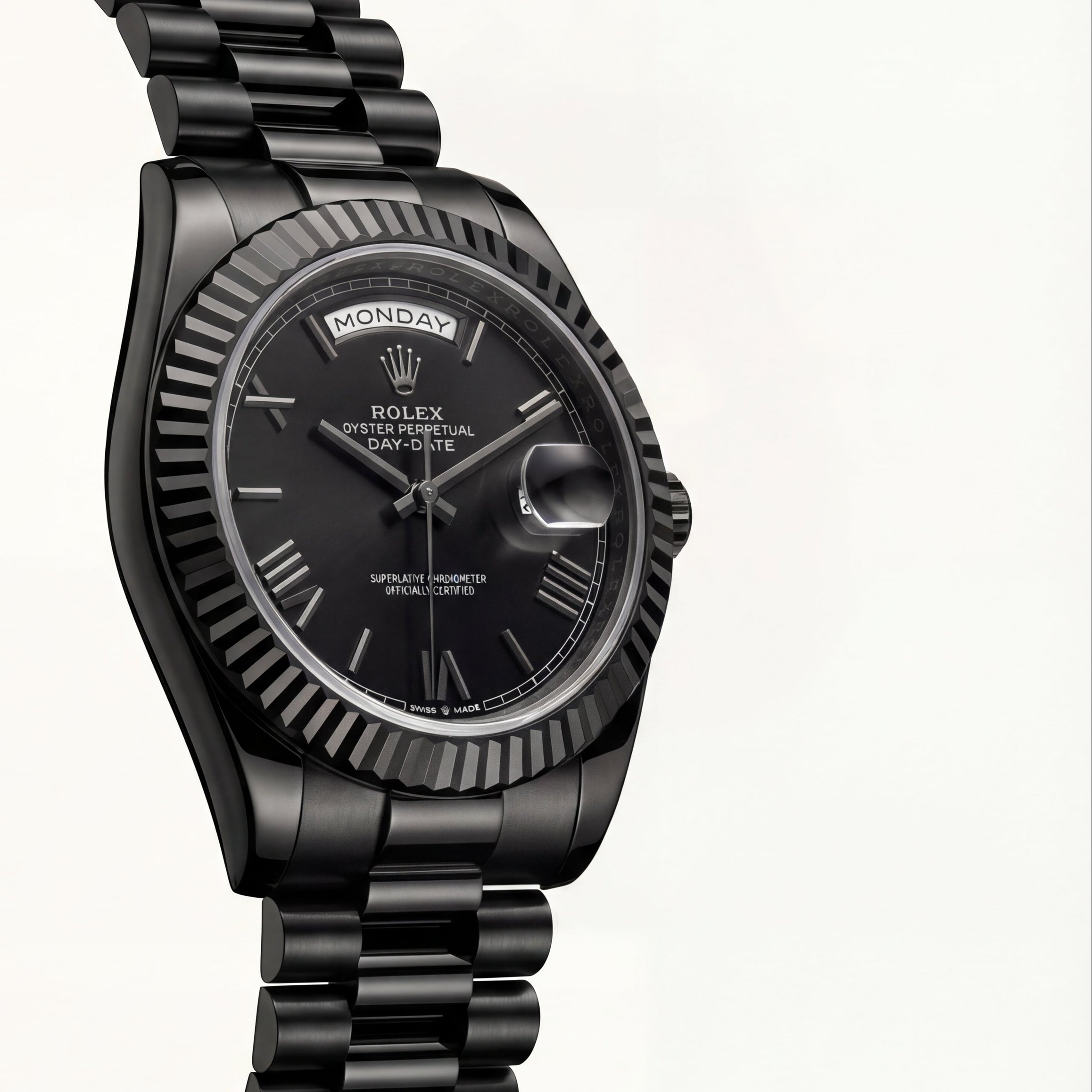 Midnight Black Fluted Bezel Day-Date Automatic Steel Watch