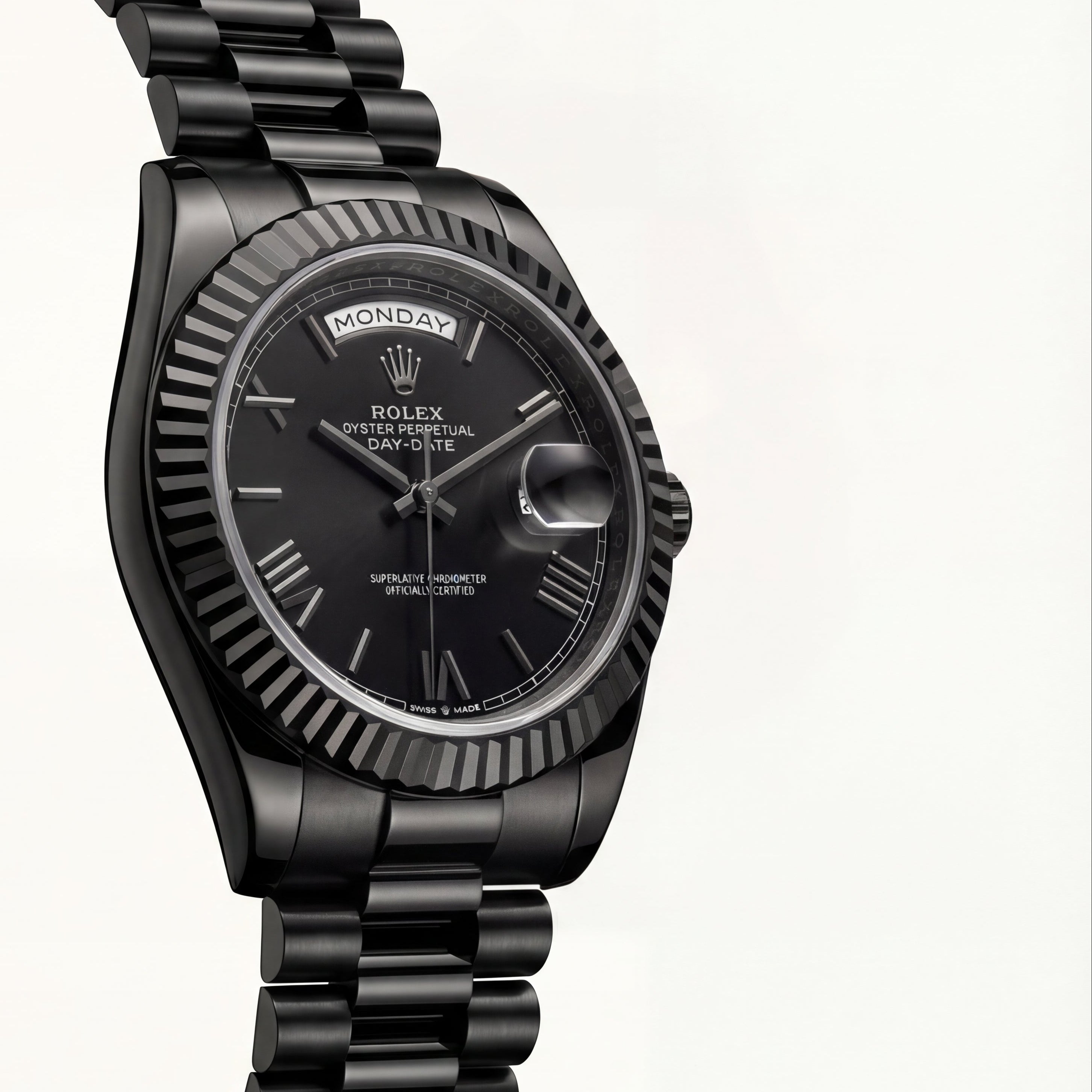 Midnight Black Fluted Bezel Day-Date Automatic Steel Watch