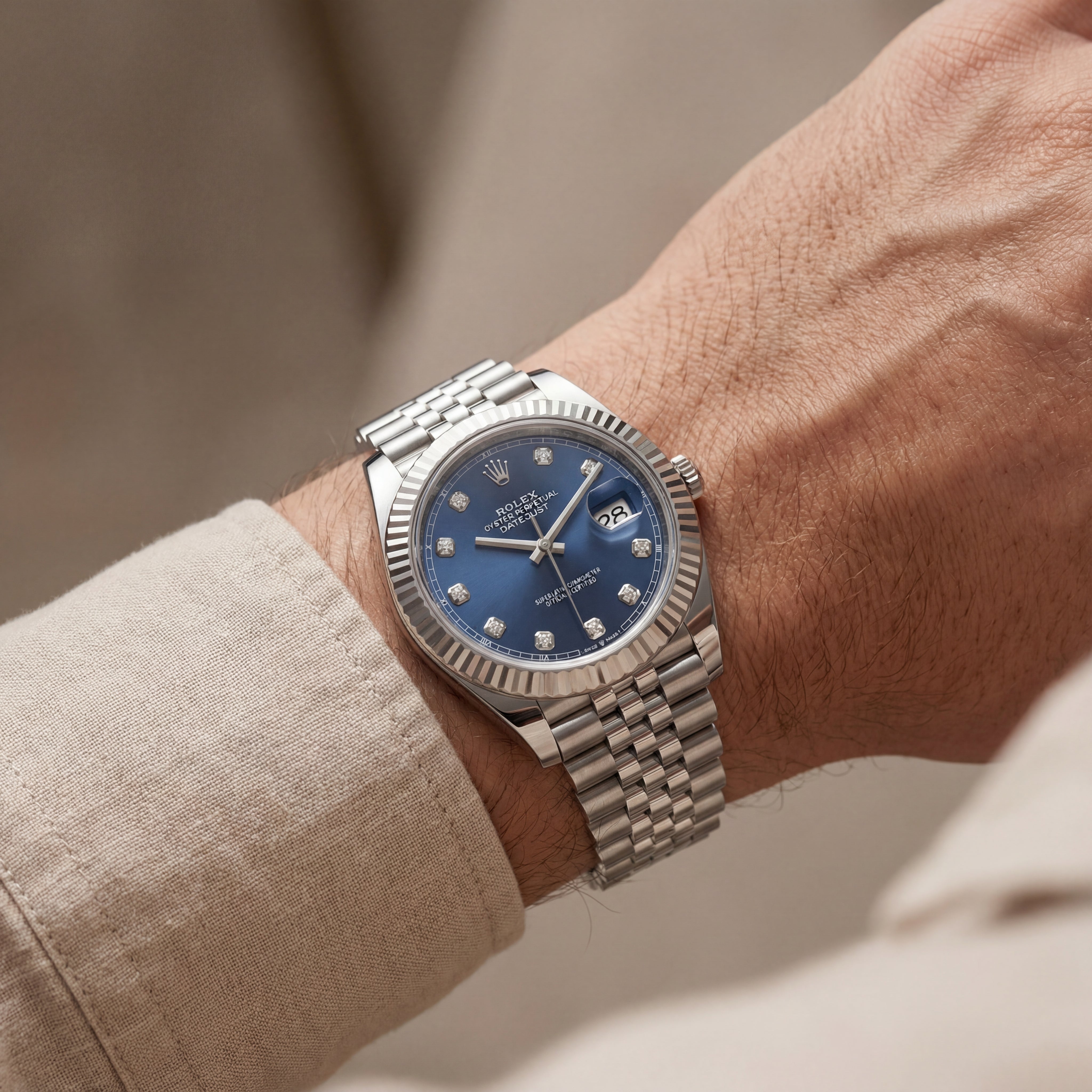 Navy Blue Diamond Dial Automatic Steel Watch