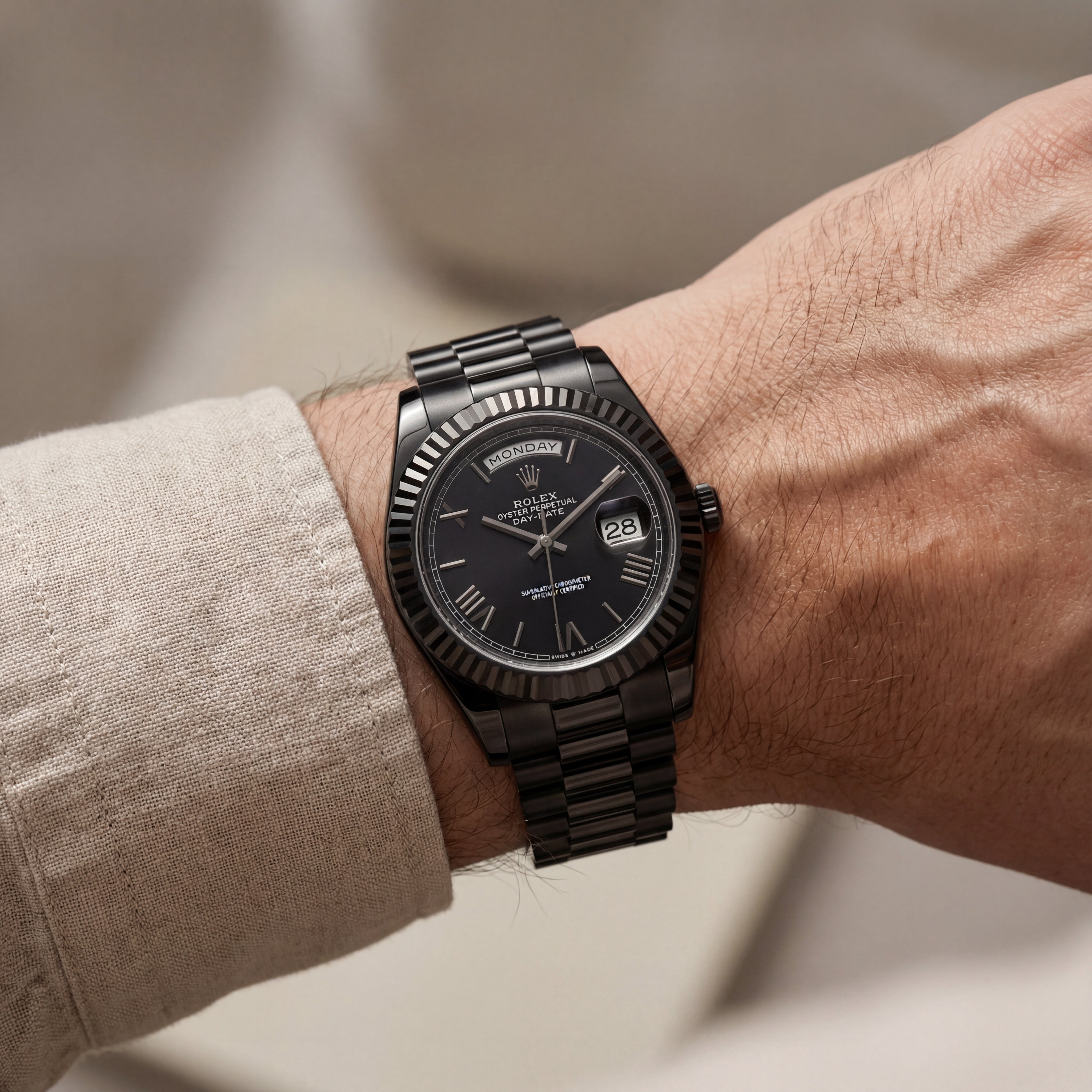 Midnight Black Fluted Bezel Day-Date Automatic Steel Watch