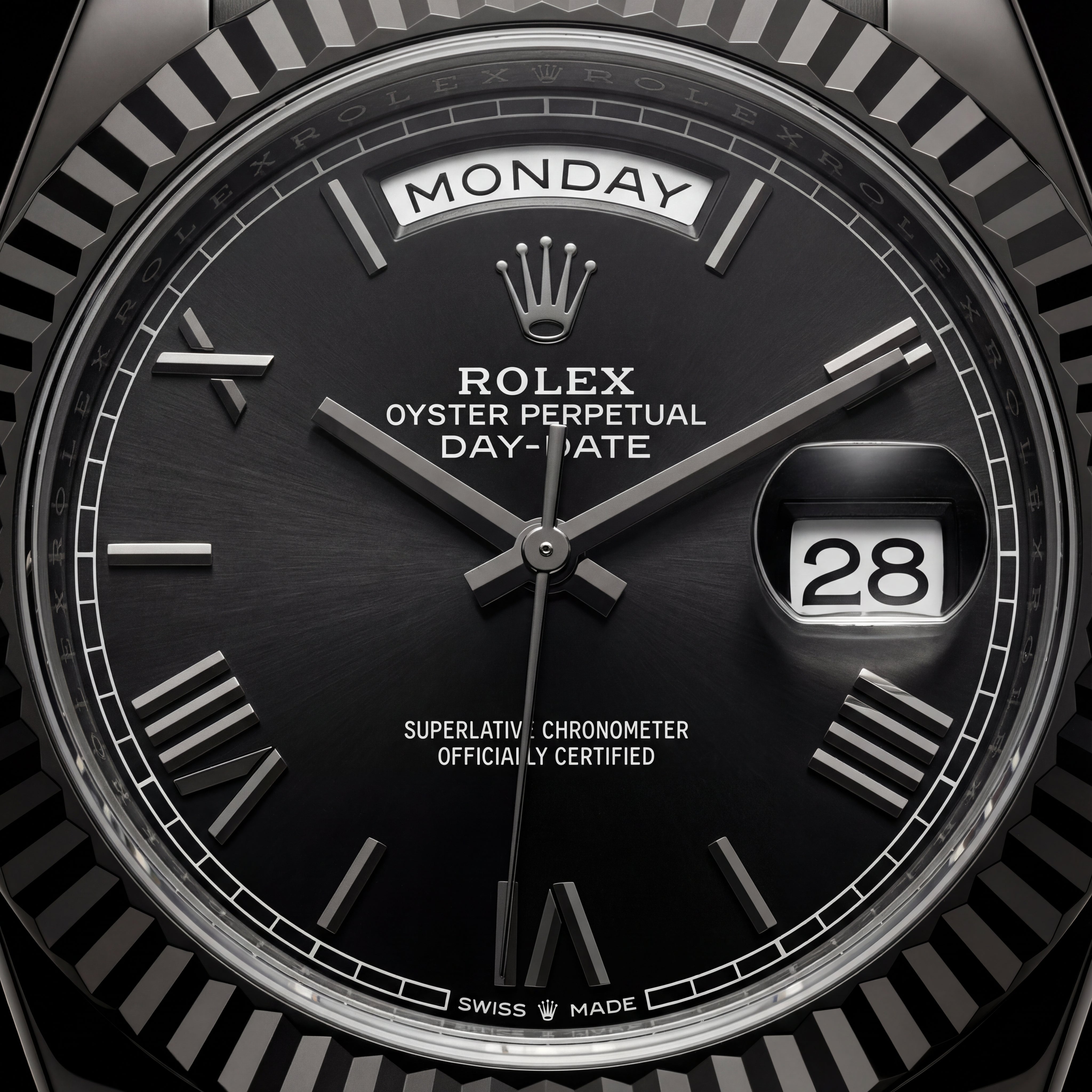Midnight Black Fluted Bezel Day-Date Automatic Steel Watch