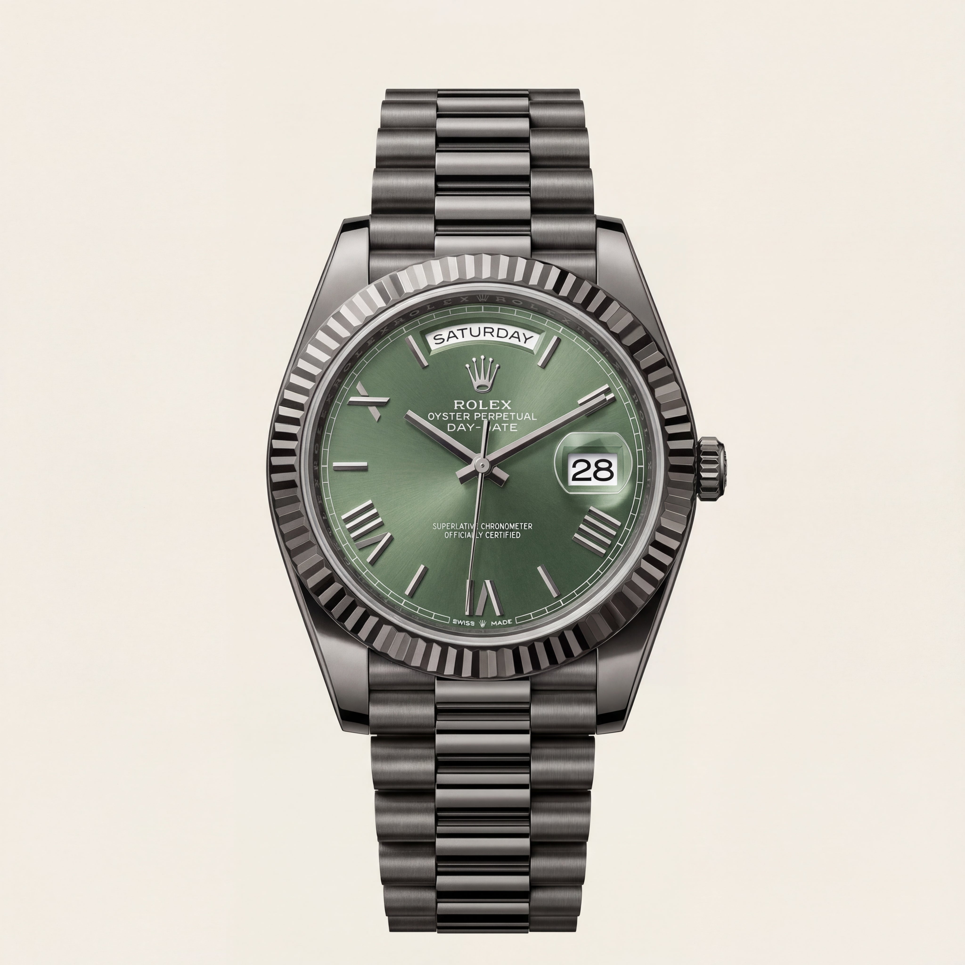 Forest Green Fluted Bezel Day-Date Automatic Steel Watch