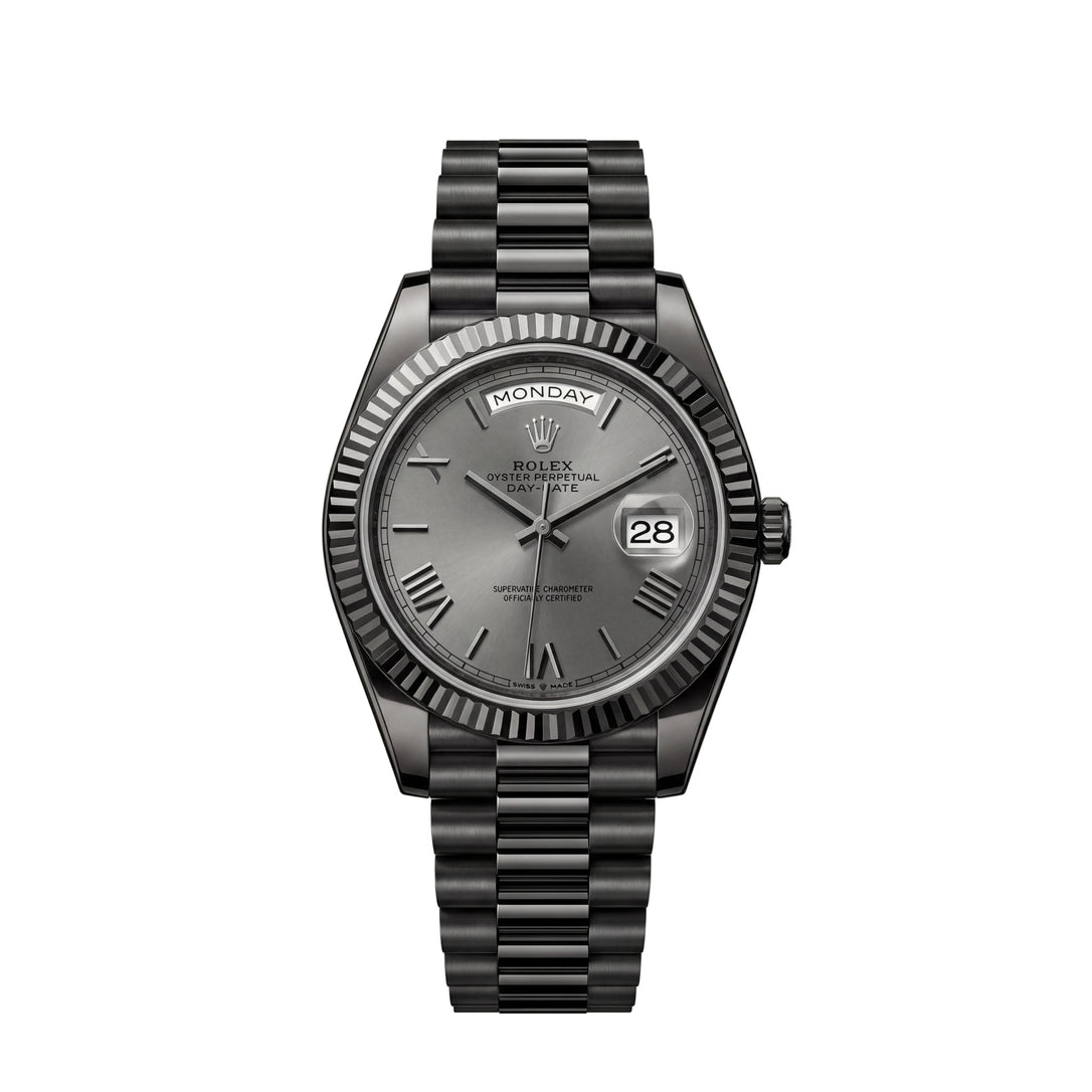 Slate Grey Fluted Bezel Day-Date Steel Watch