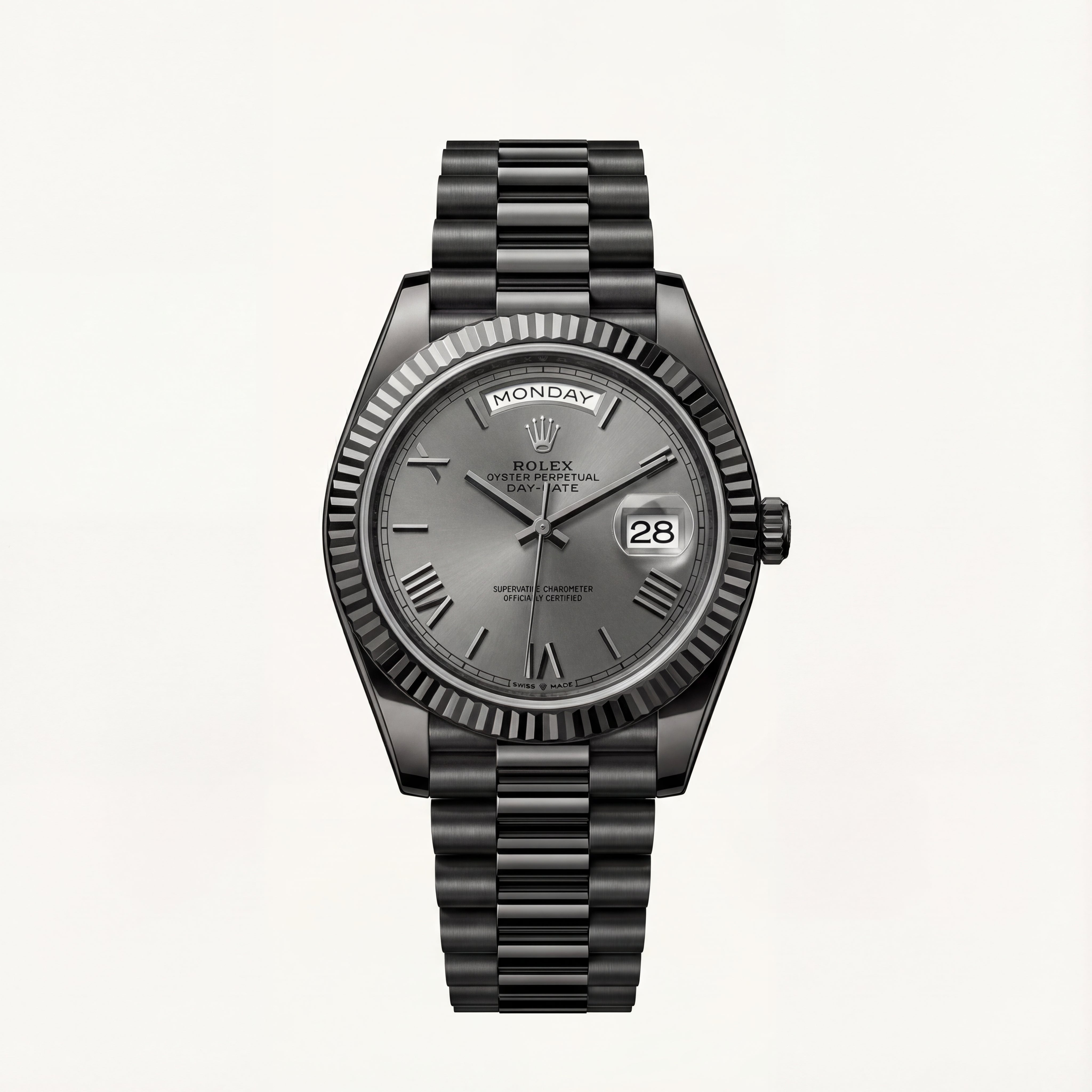 Slate Grey Fluted Bezel Day-Date Automatic Steel Watch