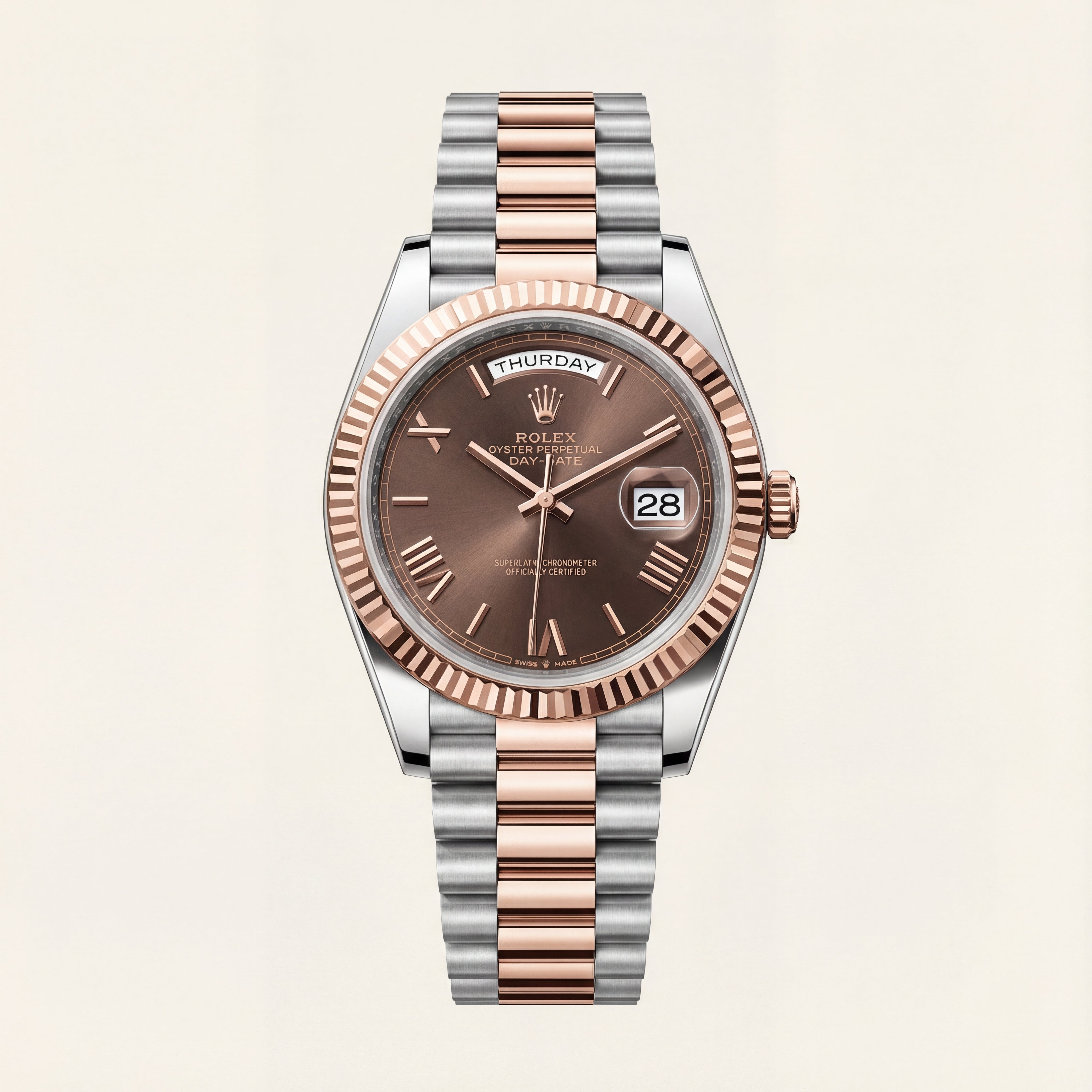 Chocolate Brown Fluted Bezel Day-Date Automatic Steel Watch